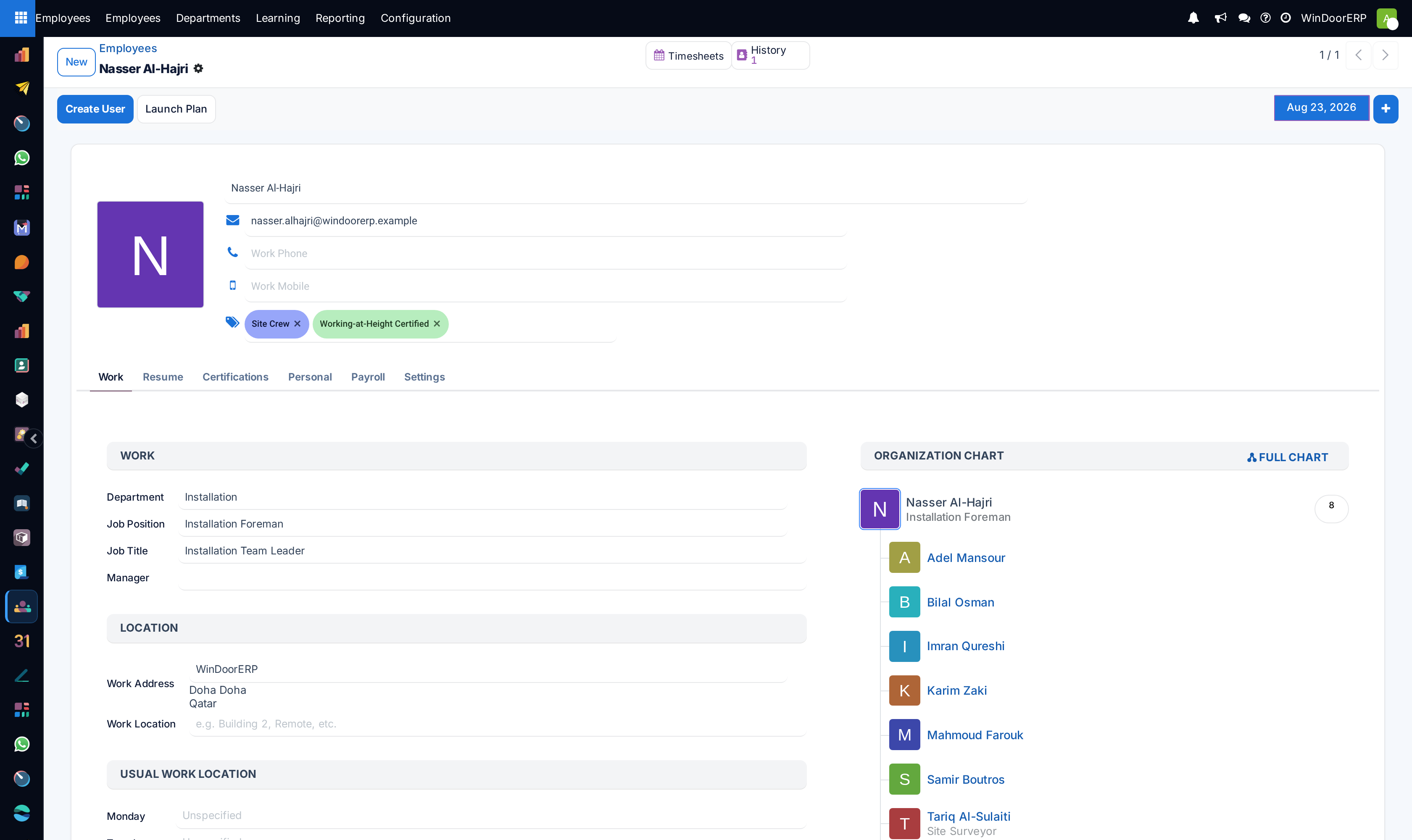 An employee form with the Create User and Launch Plan buttons, the Work, Resume, Certifications, Personal, Payroll and Settings tabs and the organization chart panel