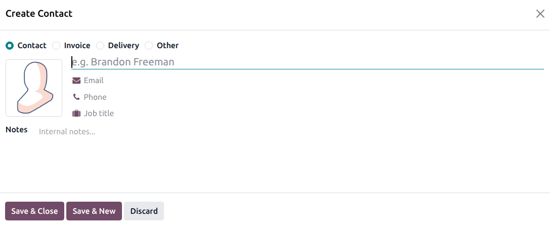 The Create Contact dialog with the address types.