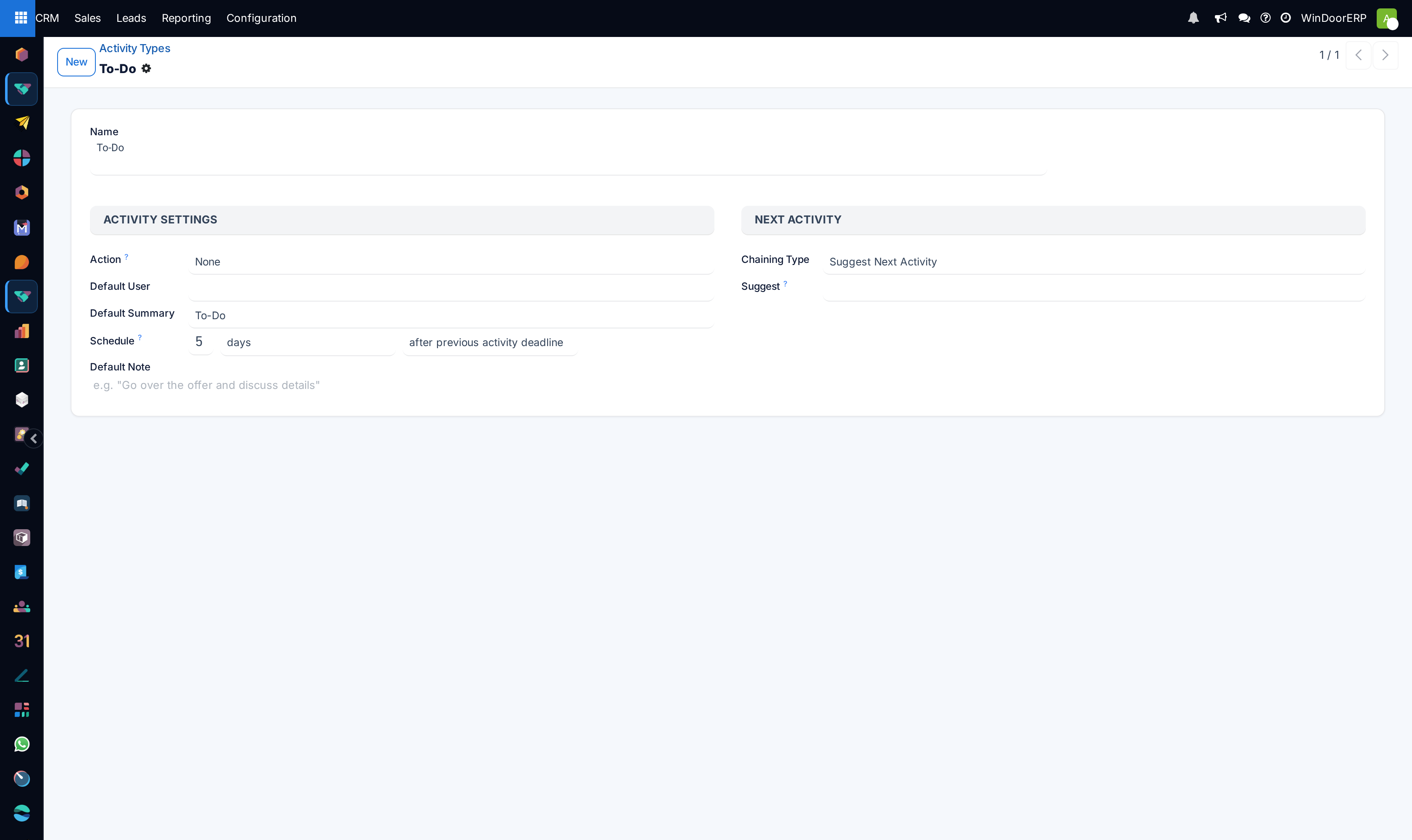The To-Do activity type form, with the Activity Settings and Next Activity sections.