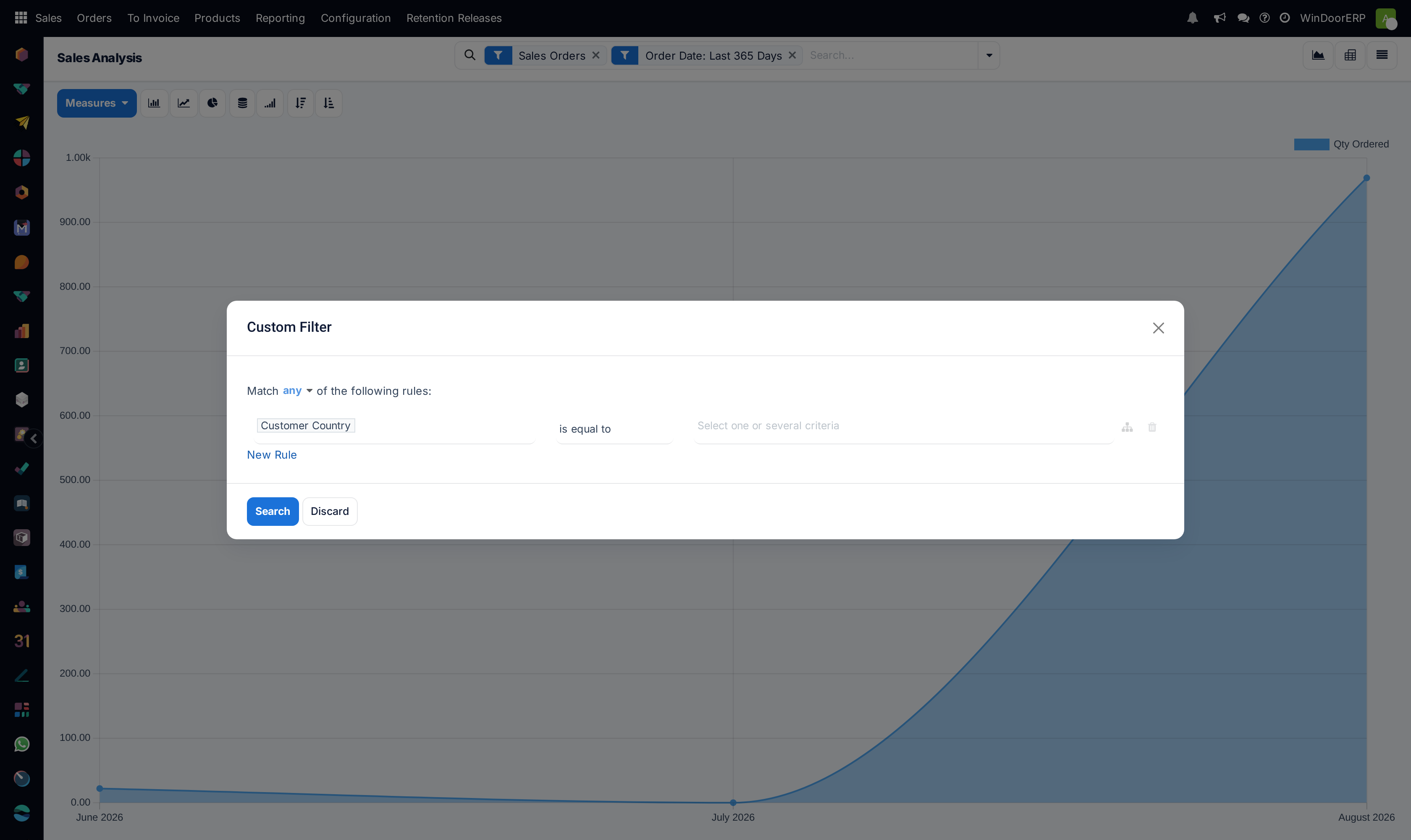The Custom Filter window with one rule, the New Rule link, and the Search and Discard buttons.