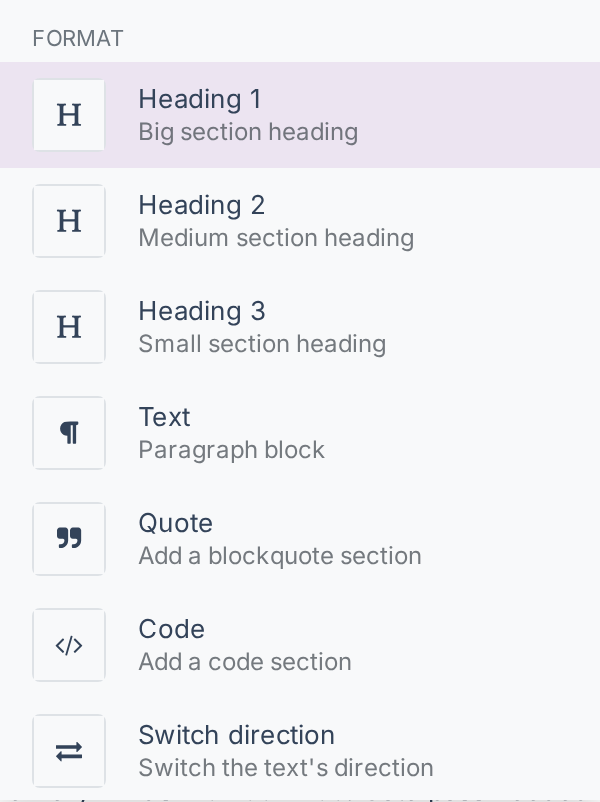 The powerbox open on its first category, Format, listing Heading 1 to 3, Text, Quote, Code and Switch direction