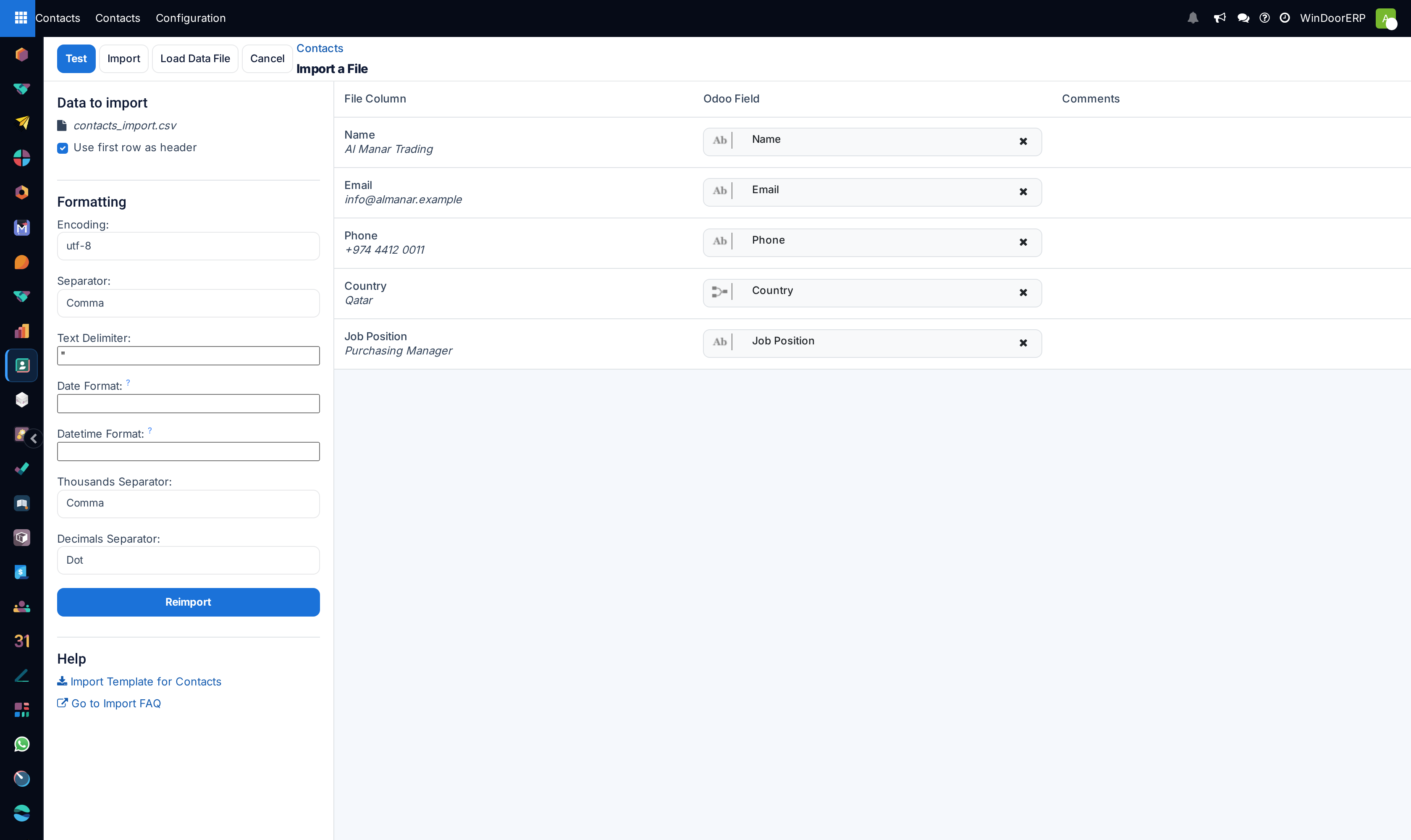 The import screen with the Data to import and Formatting panel on the left and the File Column / Odoo Field / Comments mapping table on the right