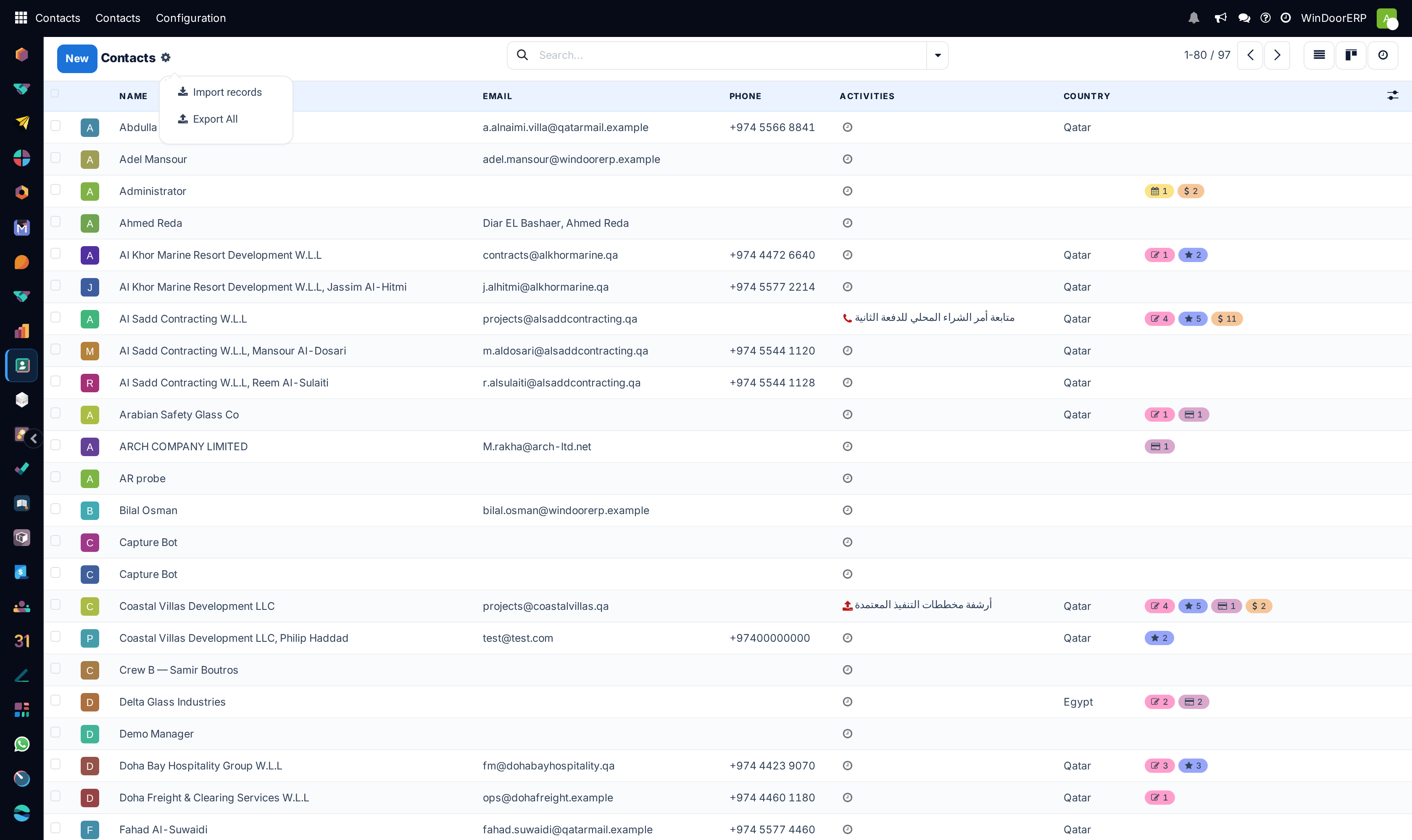 The Actions menu open on the Contacts list, showing Import records above Export All