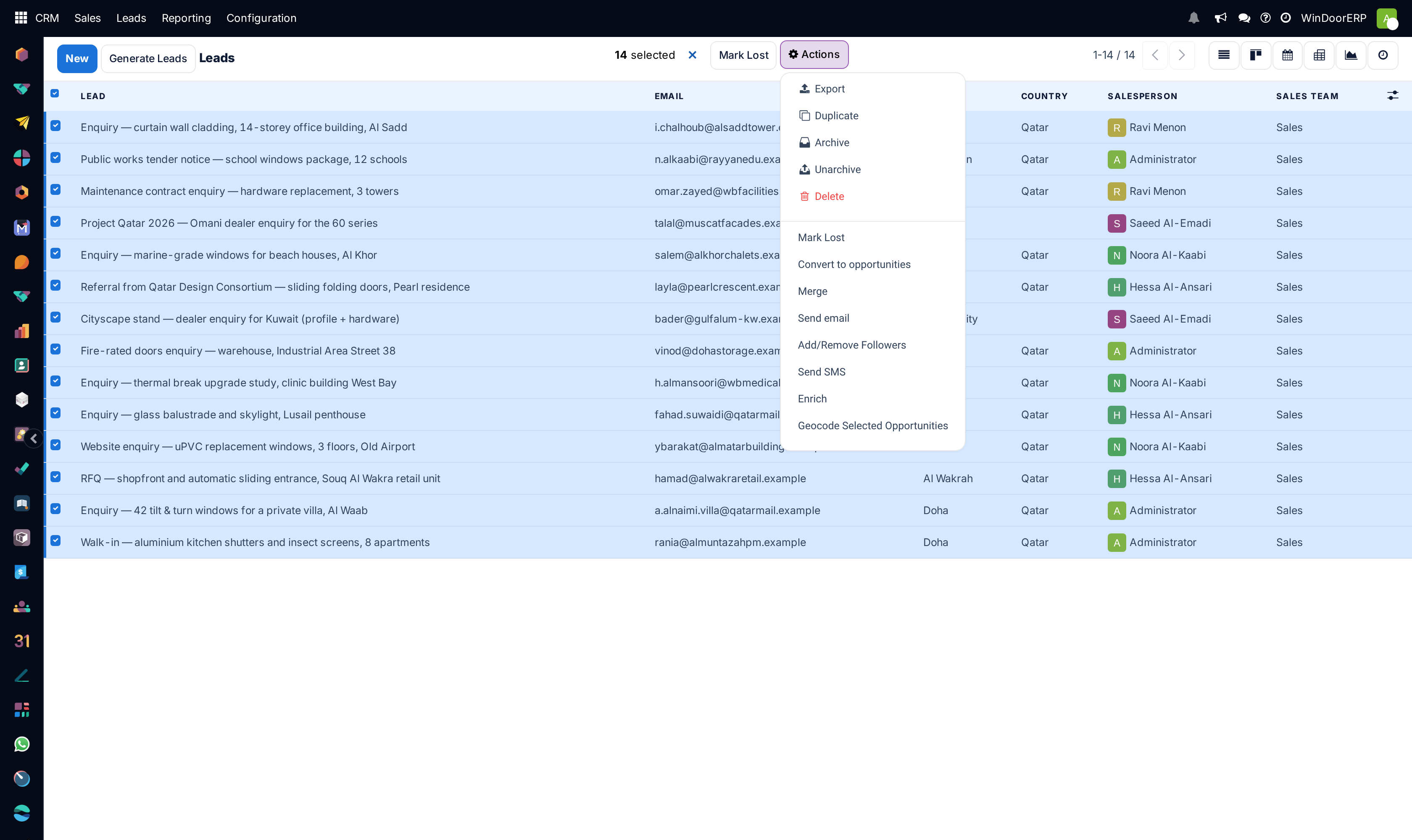 A list with every row selected and the Actions menu open on Export.