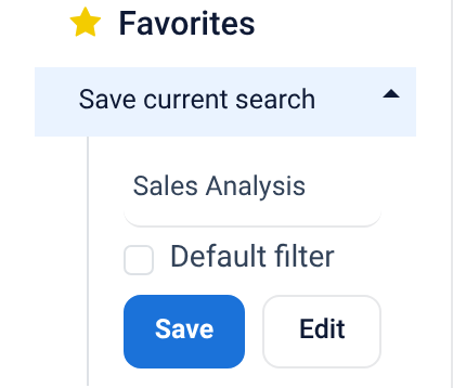 The Save current search panel, pre-filled with the screen name, with the Default filter box and the Save and Edit buttons.
