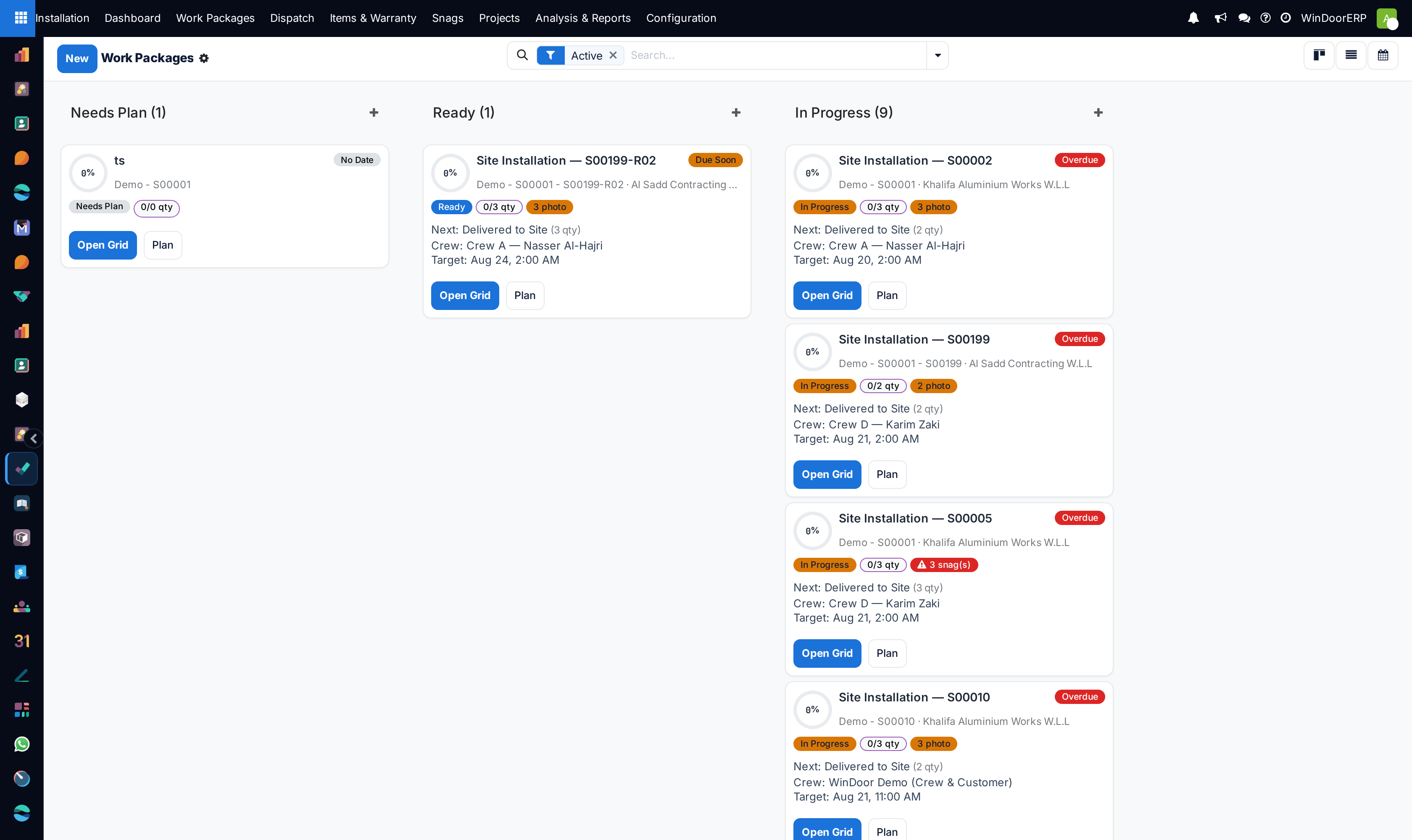 Work packages on the planning board: progress rings, quantity and photo chips, next action, crew, planned dates, and the Plan and Open Grid buttons