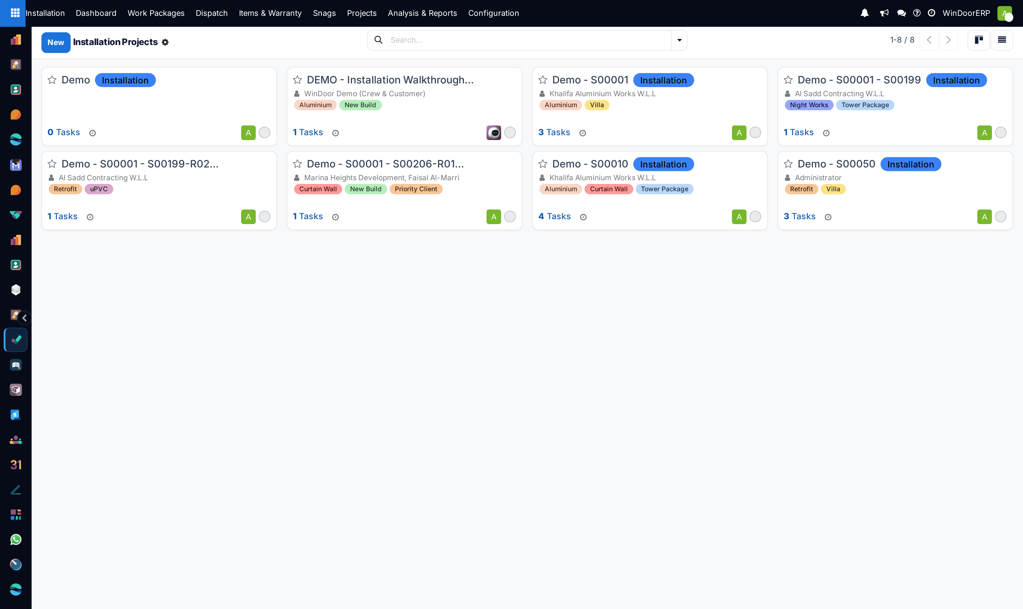Installation projects on a kanban board, grouped by site execution stage with per-project progress