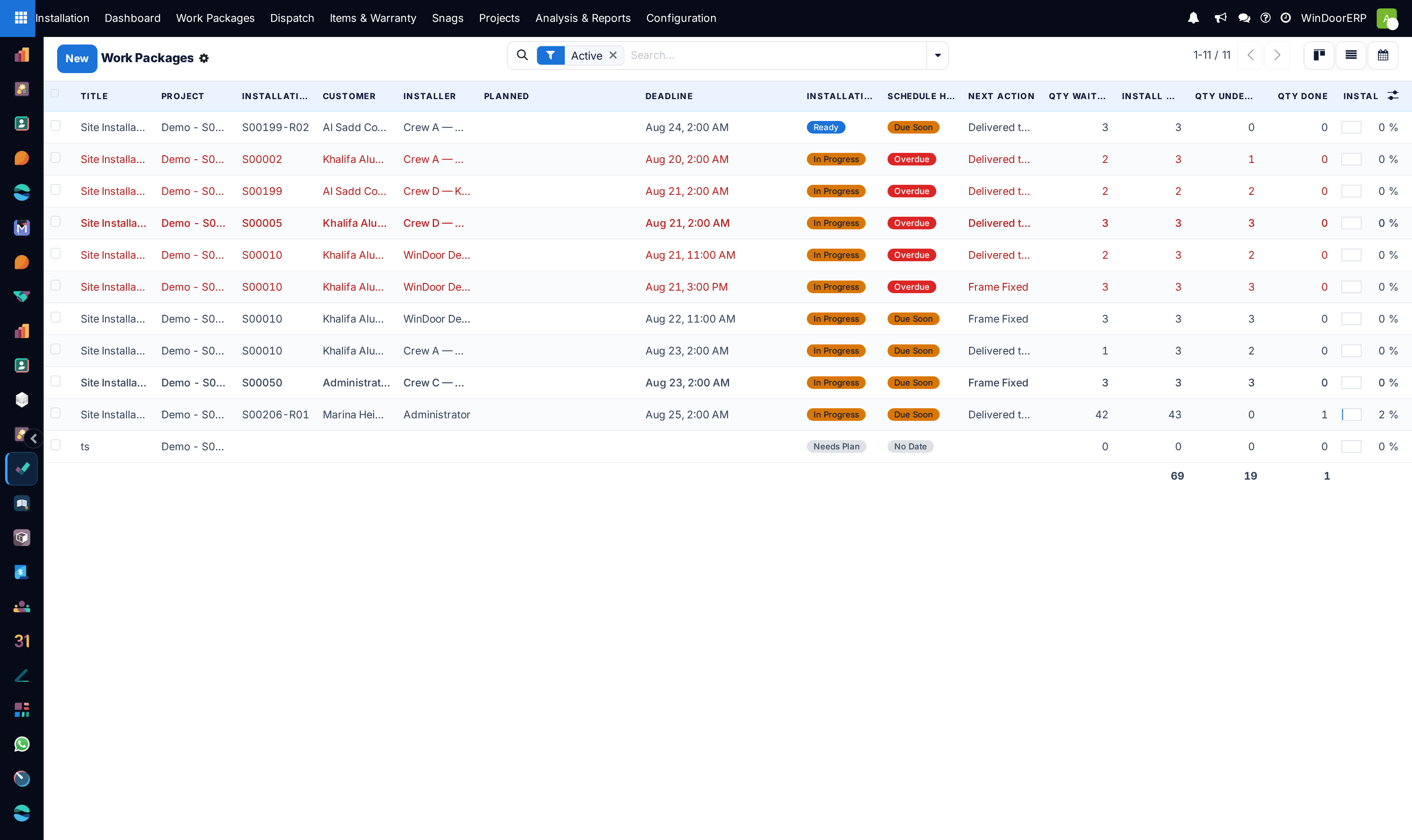 The work-package list Dispatch is built on: installer, planned date, deadline, schedule-health badges and quantity columns