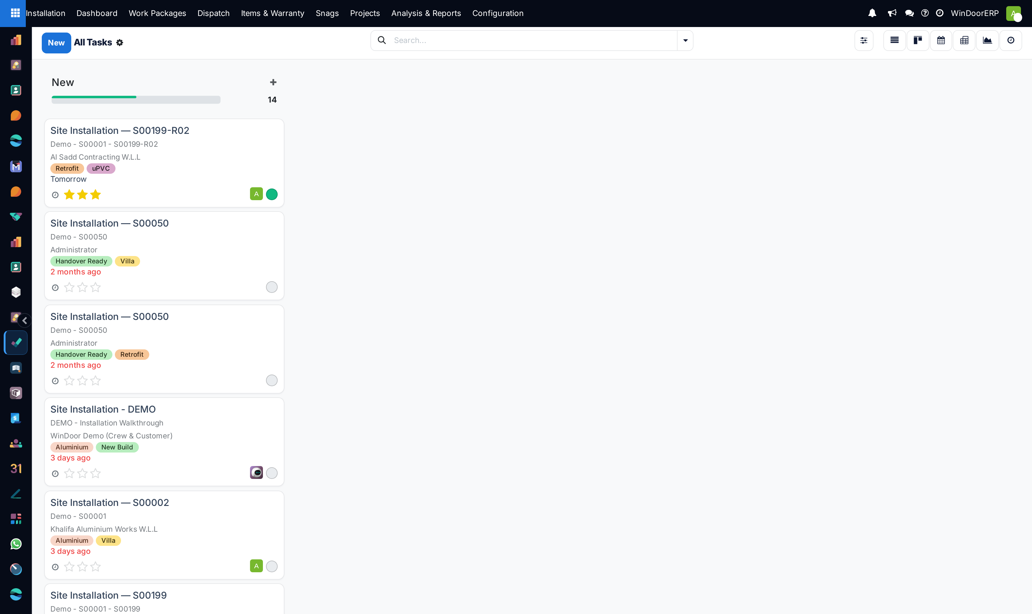 All Tasks as a stage kanban: cards with project, customer, tags, deadline warnings and assignee avatars