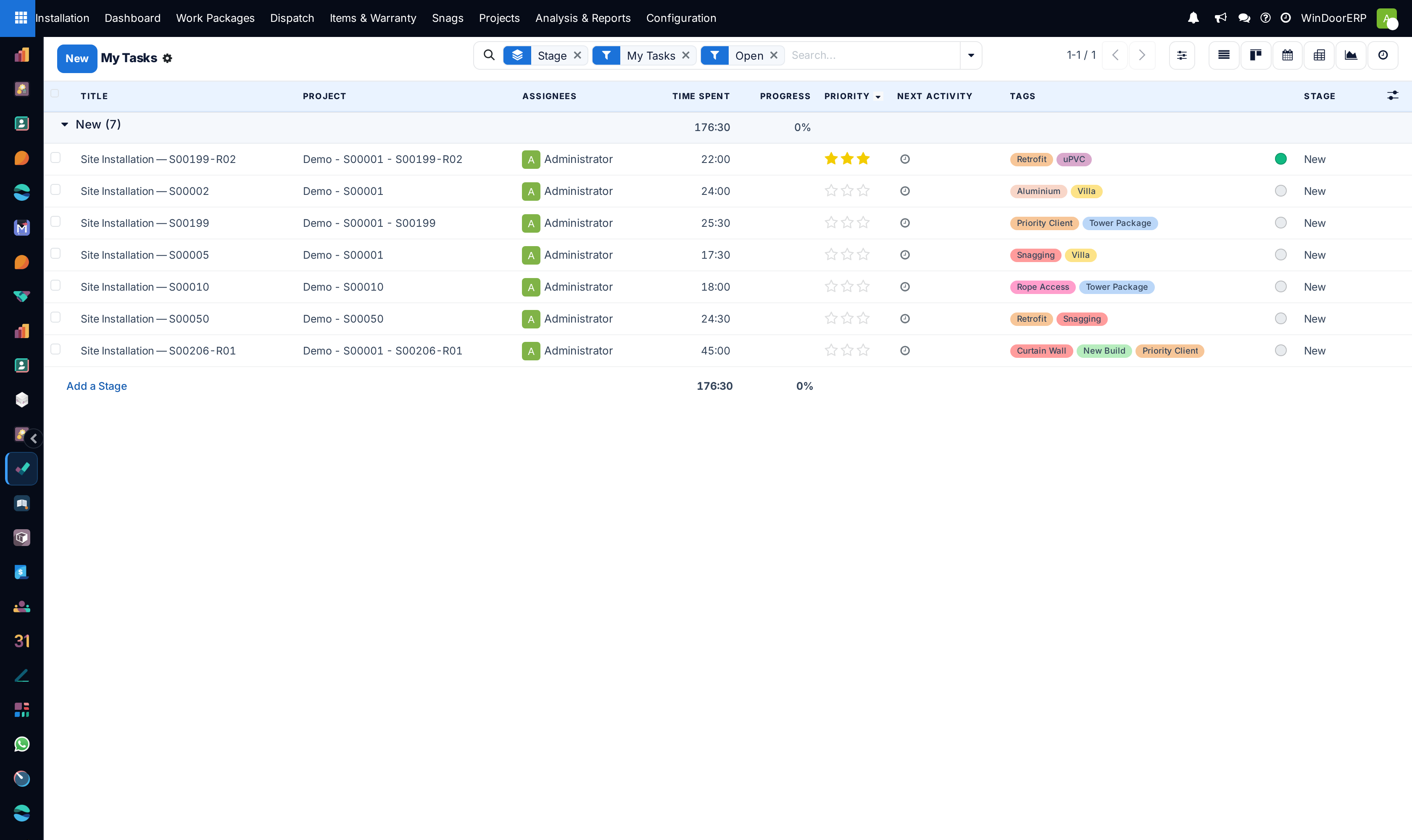 My Tasks with the My Tasks and Open filters applied, grouped by stage, showing time spent, priority, tags and next activity