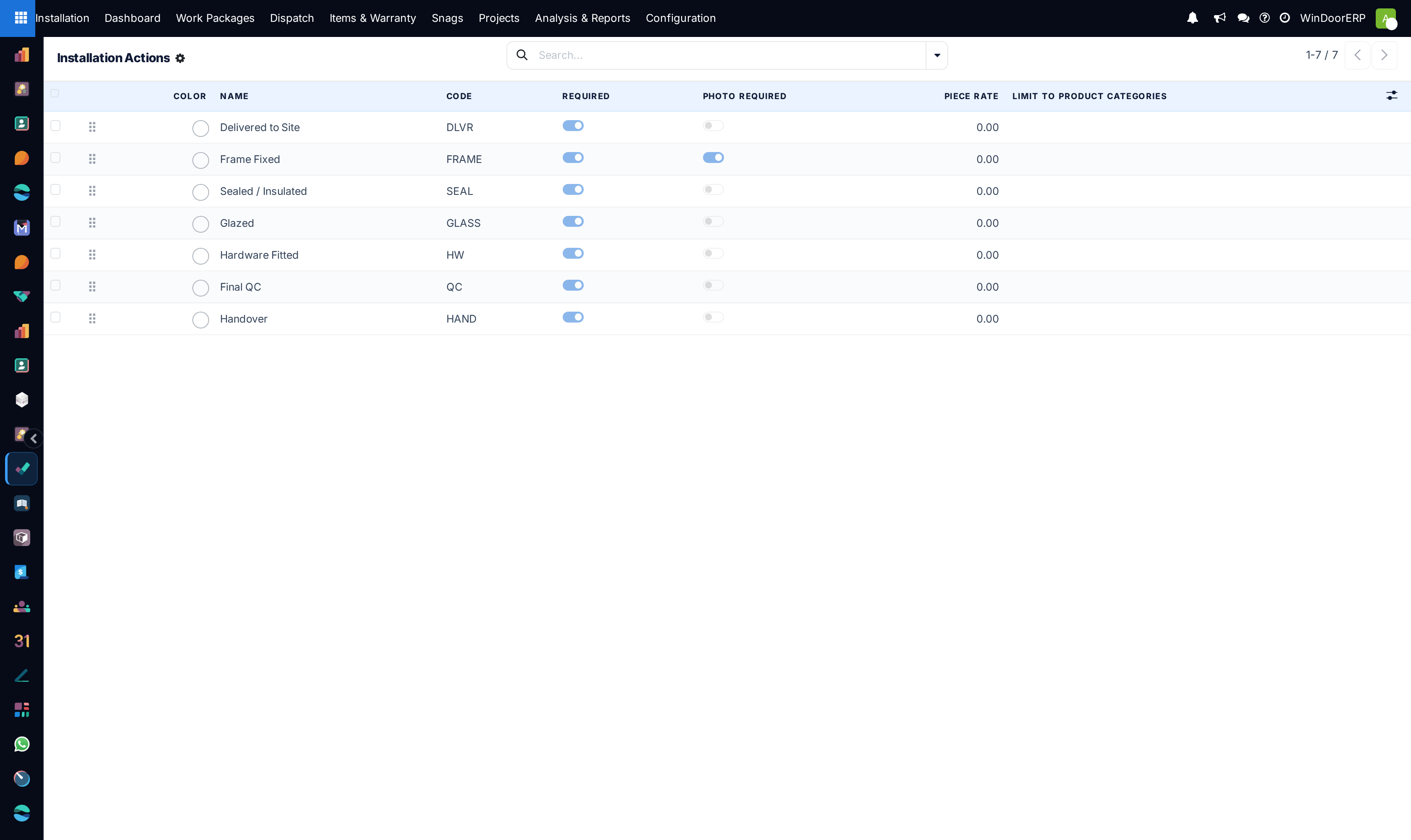 The seven shipped installation actions with their codes, Required and Photo Required toggles and piece rates