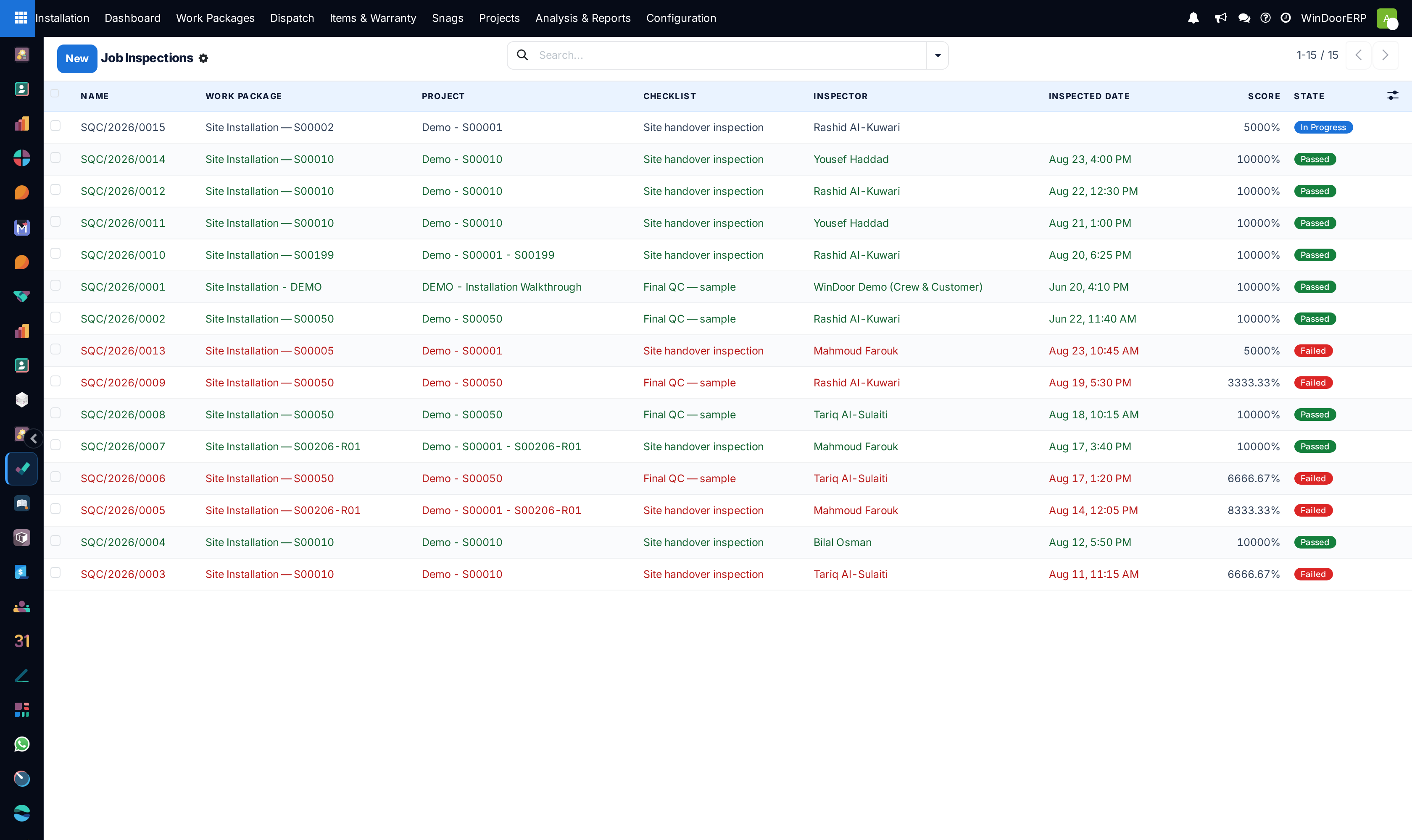 The job inspections list: SQC references, checklist, inspector, score, and Passed, Failed and In Progress states
