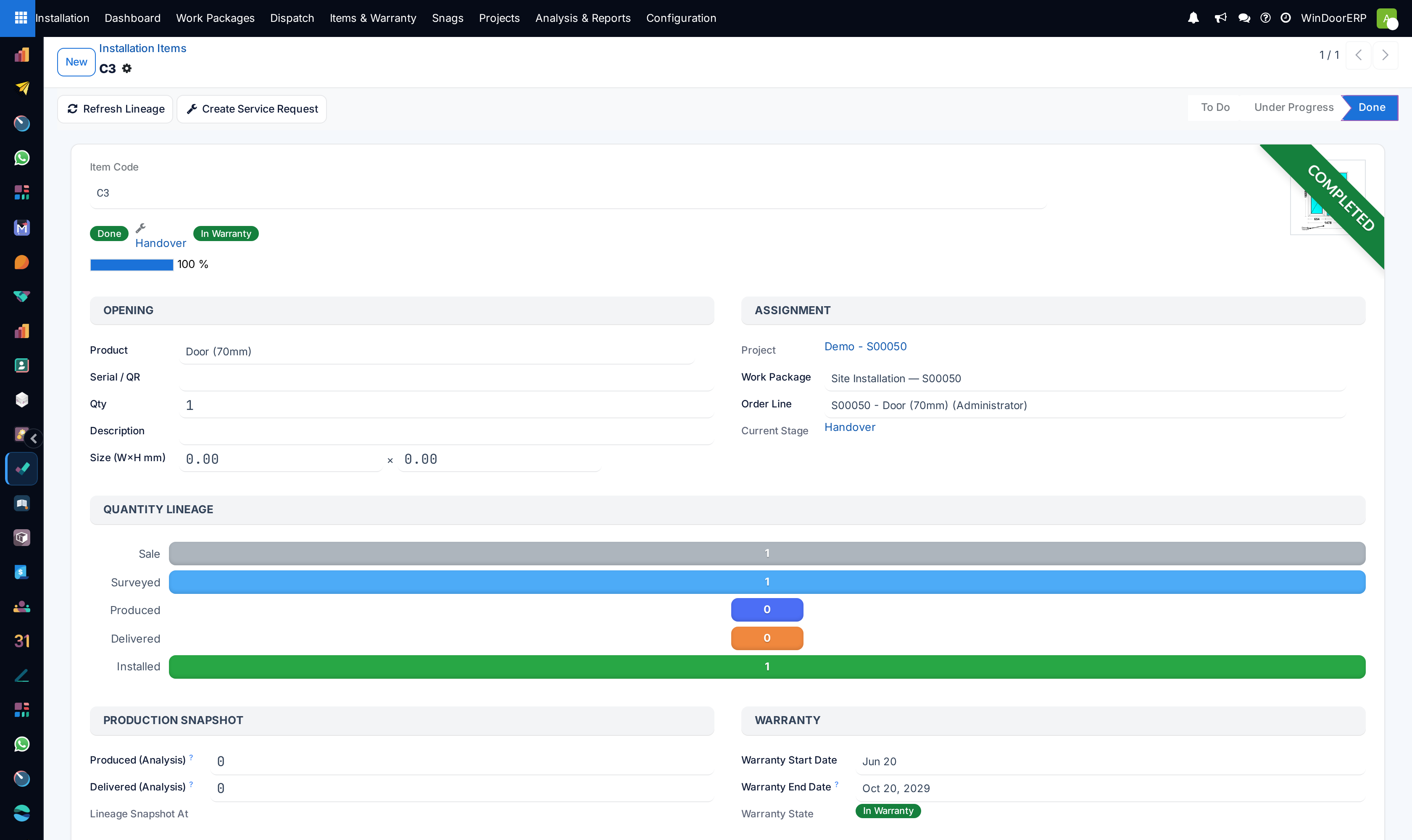 An installation item form: Done state, Refresh Lineage and Create Service Request buttons, the quantity lineage funnel and the warranty block