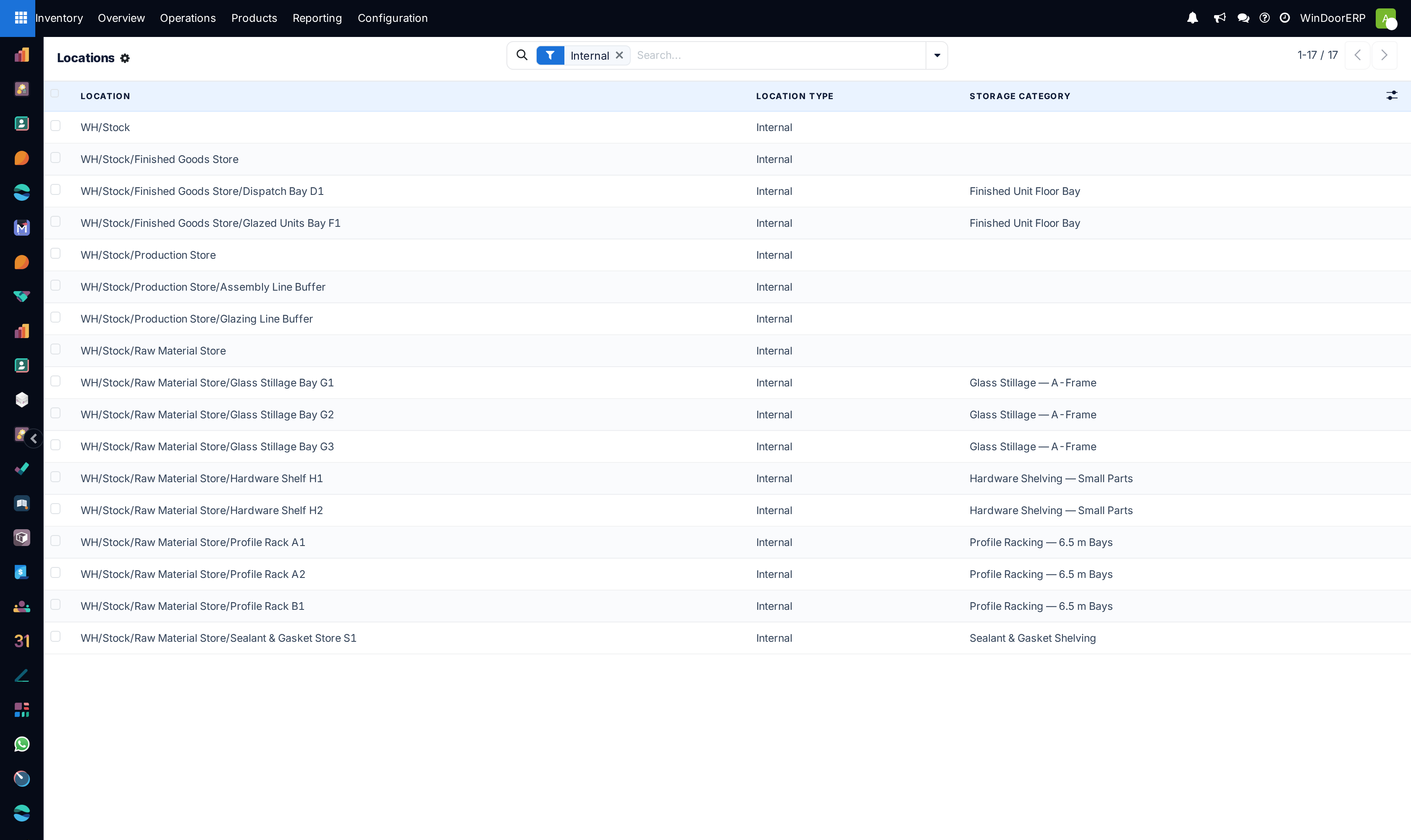 The Locations list filtered to Internal, showing a nested WindoorERP tree of profile racks, glass stillage bays, hardware shelves and dispatch bays with their storage categories