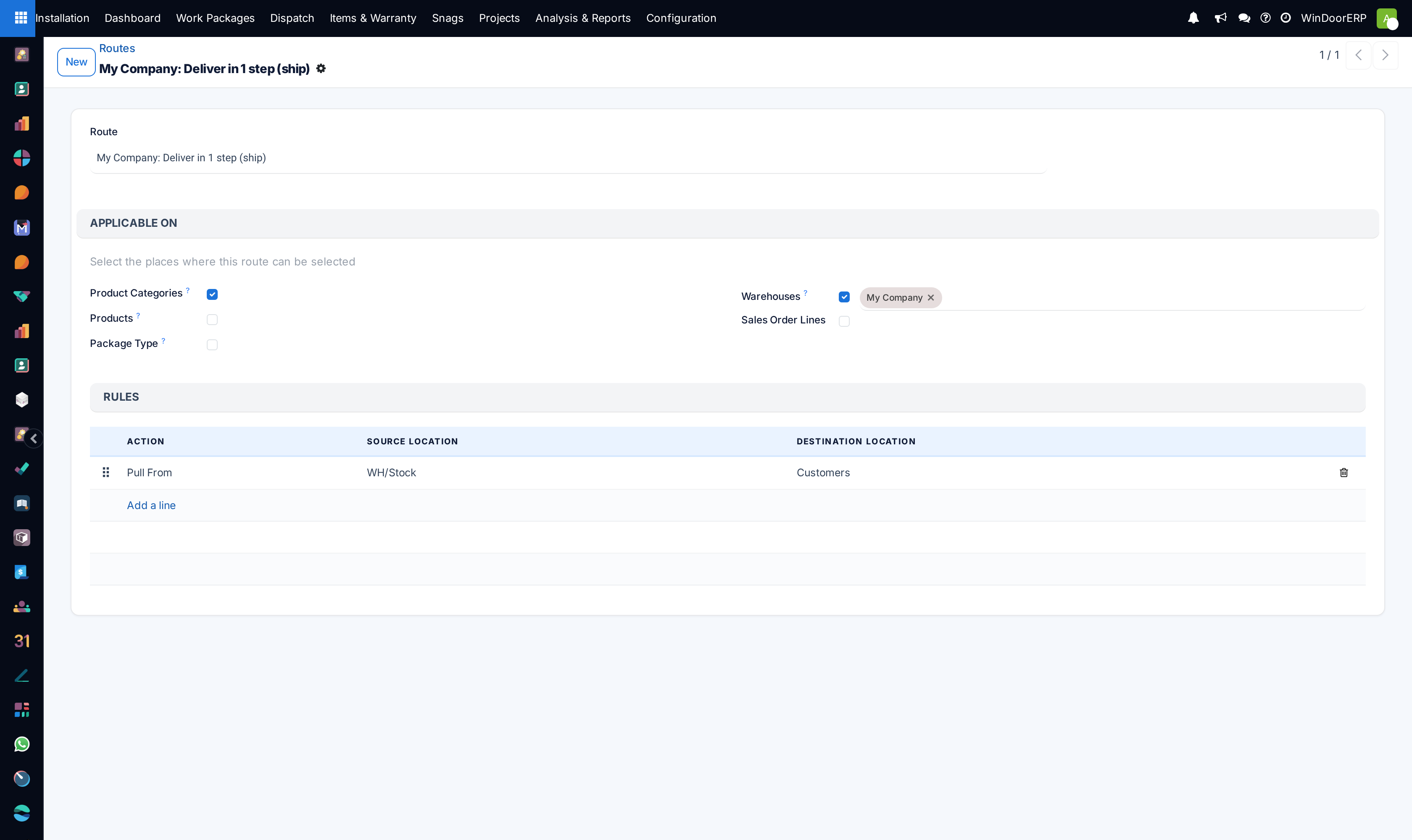 The Deliver in 1 step route: Applicable On with Product Categories and Warehouses ticked, and a single Pull From rule running from WH/Stock to Customers