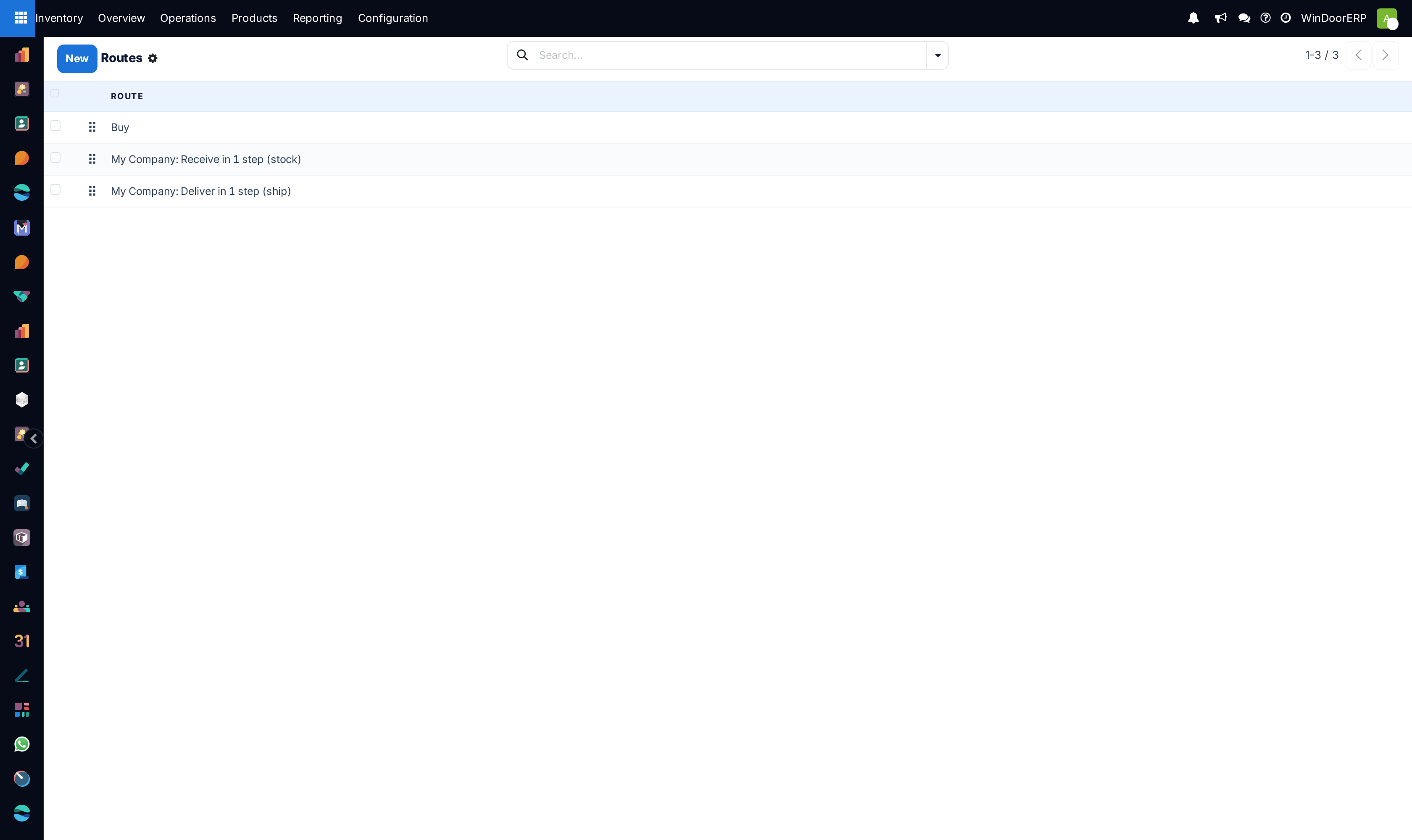 The Routes list on a WindoorERP database: Buy, Receive in 1 step (stock) and Deliver in 1 step (ship), each row draggable to change its priority