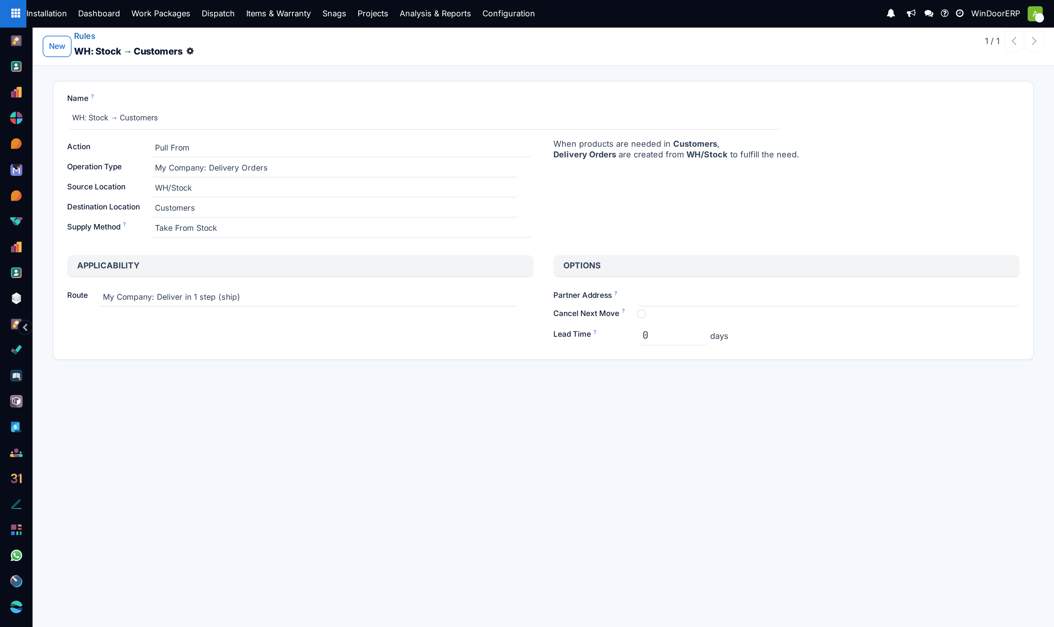 The rule form for WH: Stock to Customers, with the generated sentence explaining that Delivery Orders are created from WH/Stock when products are needed in Customers