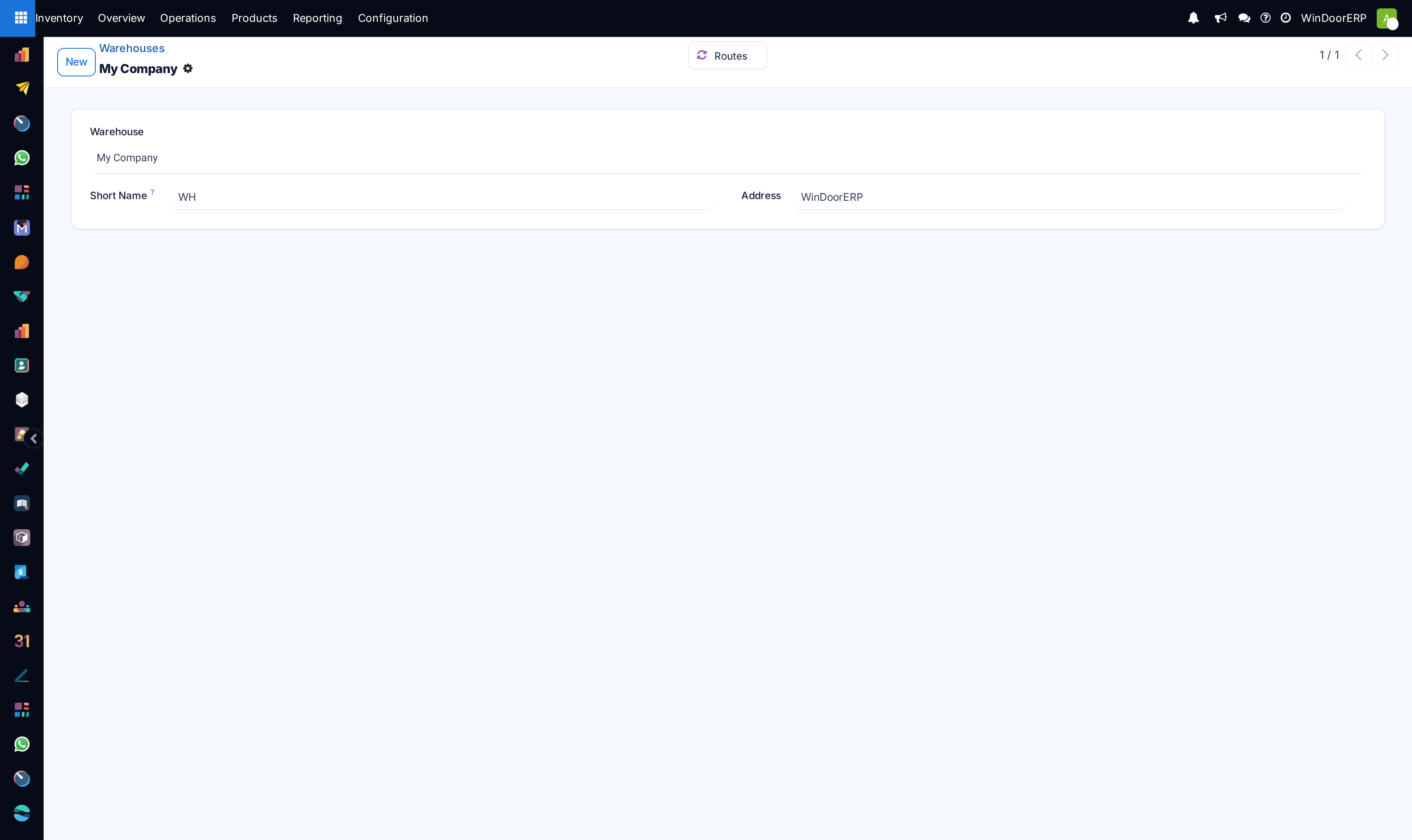 The warehouse form as it ships: name, short name, address and a Routes button, with no Incoming or Outgoing Shipments options because Multi-Step Routes is off