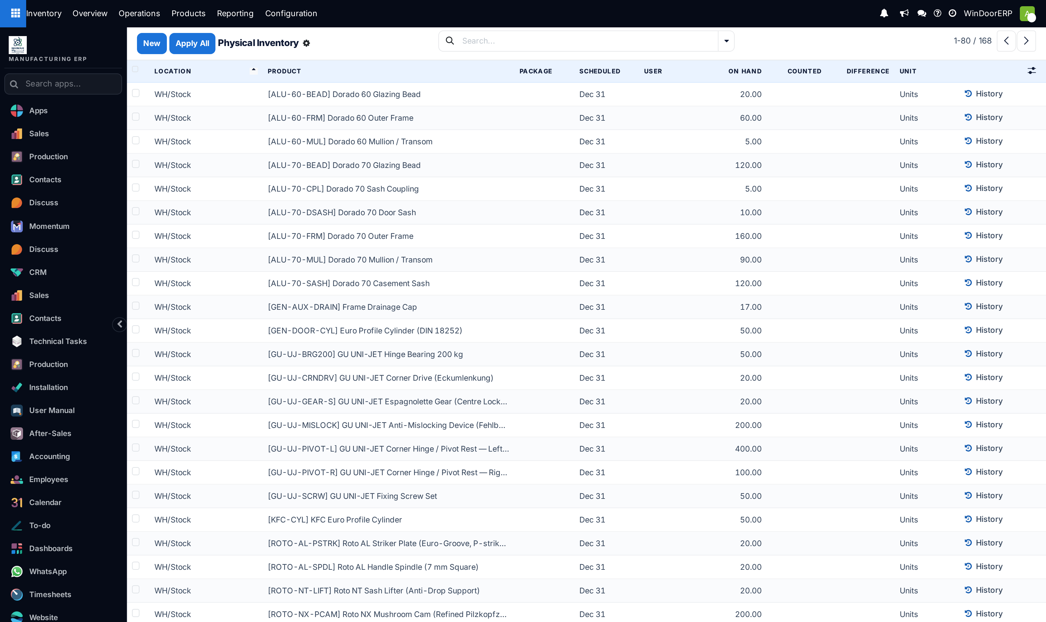 The Physical Inventory count list today, with Location, Product, Package, Scheduled, User, On Hand, Counted and Difference columns and no Owner column