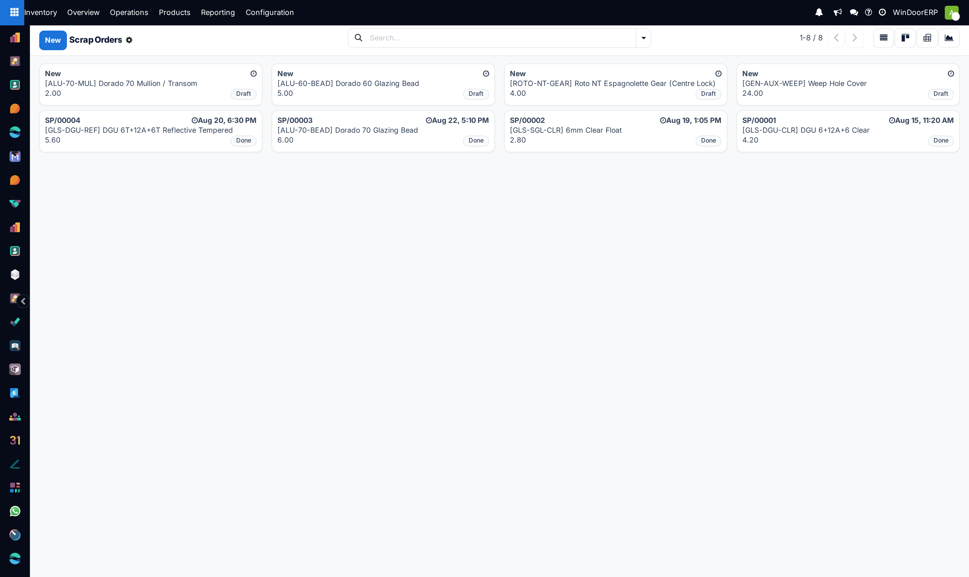 Scrap orders in kanban view, one card per scrapped item