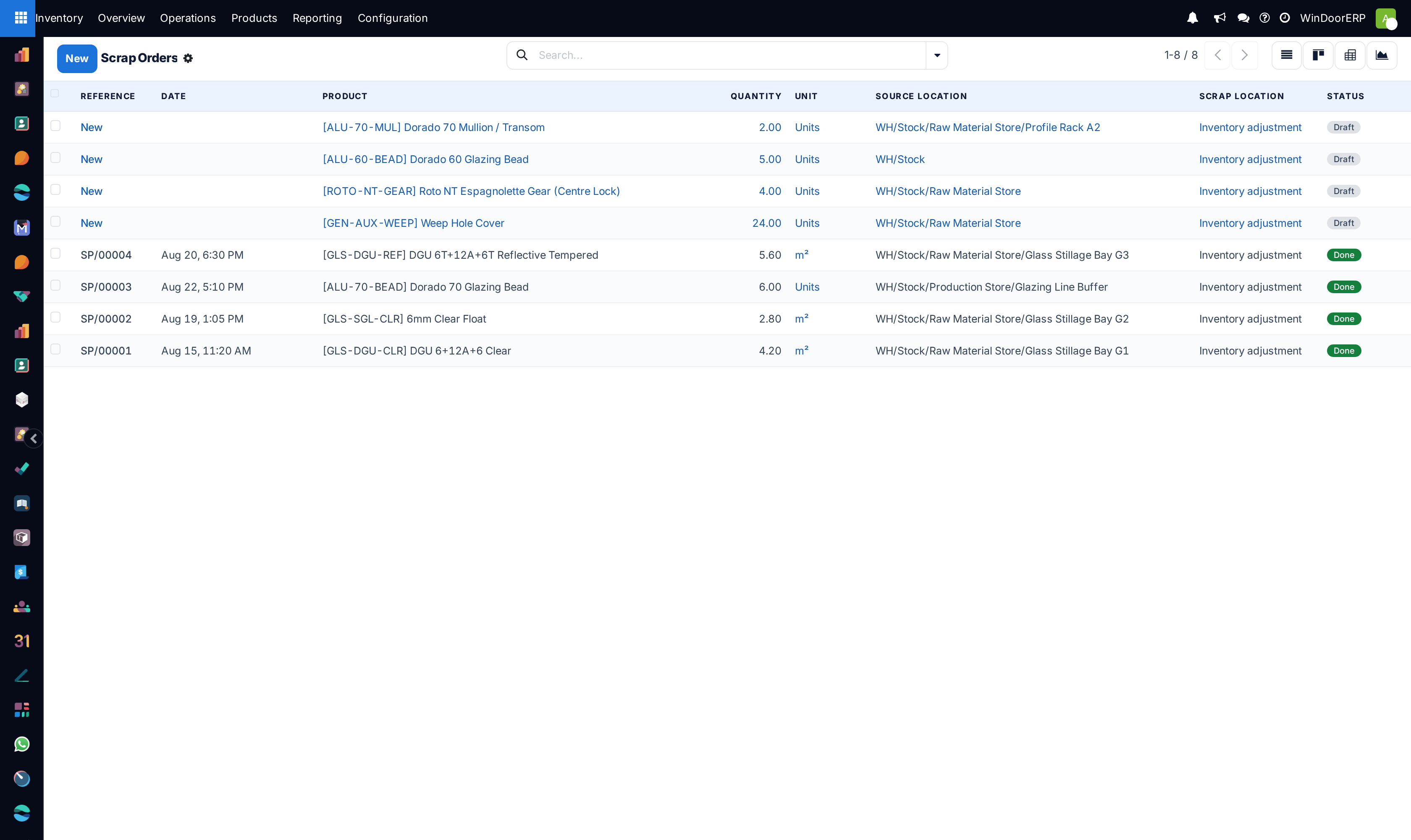 Scrap orders — production-raised drafts and validated scraps, every one targeting the Inventory adjustment loss location