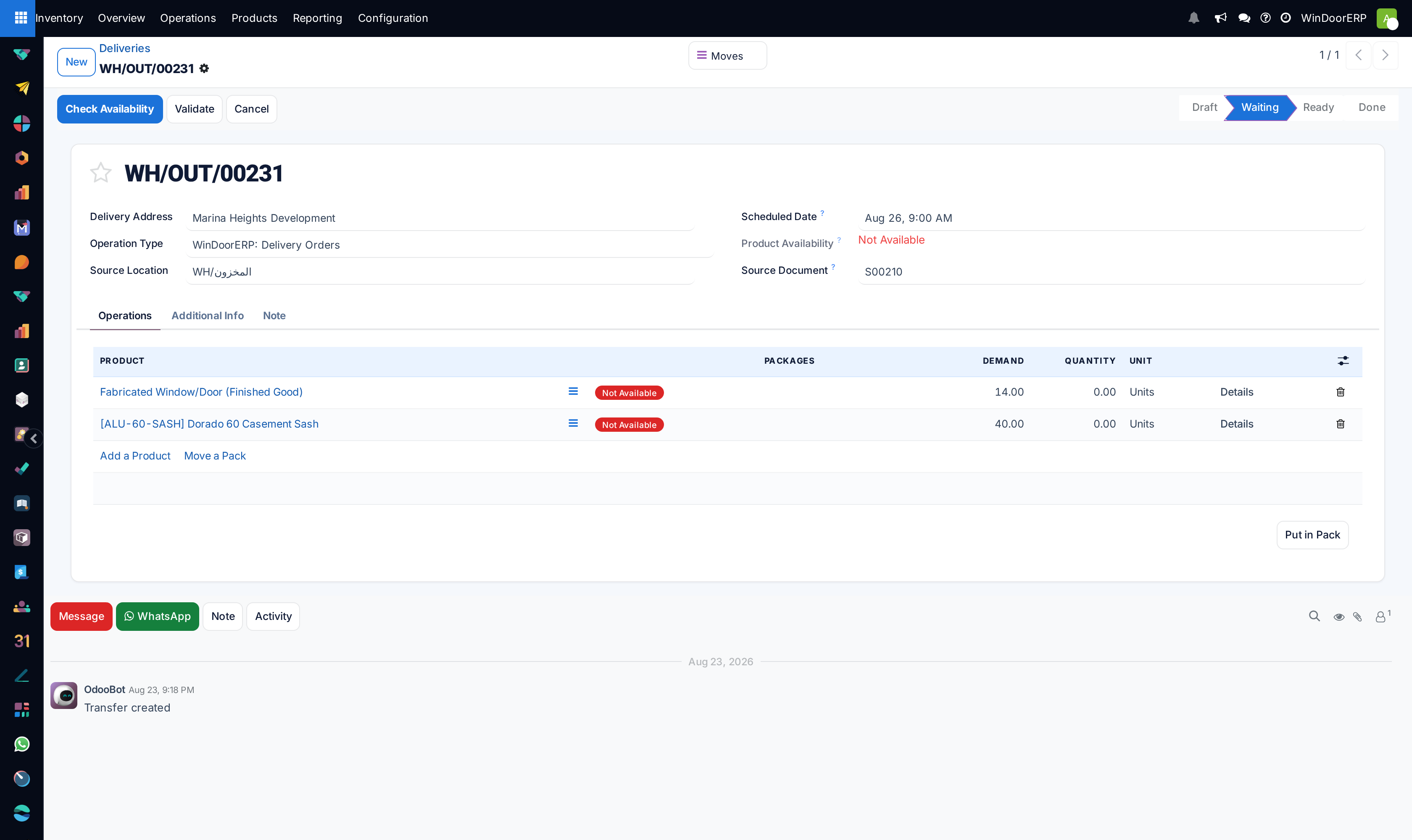 A delivery in Waiting: the Check Availability button, the red Not Available pills per line, and the Product Availability field