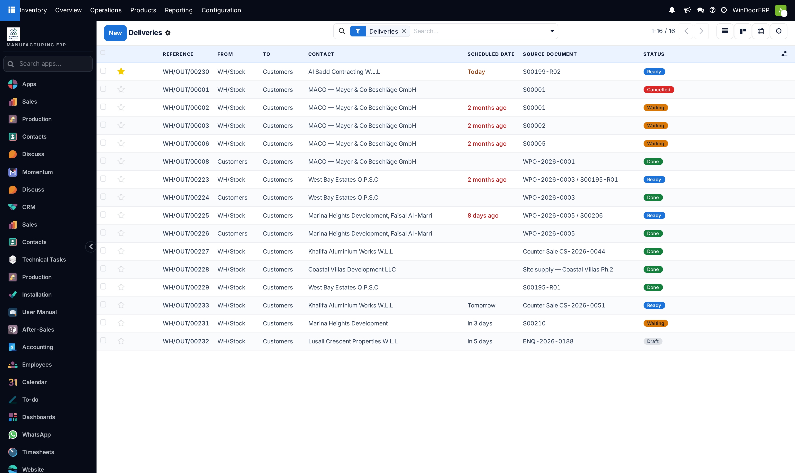 The Deliveries list: reference, from, to, contact, scheduled date, source document and status — no cost or carrier column anywhere