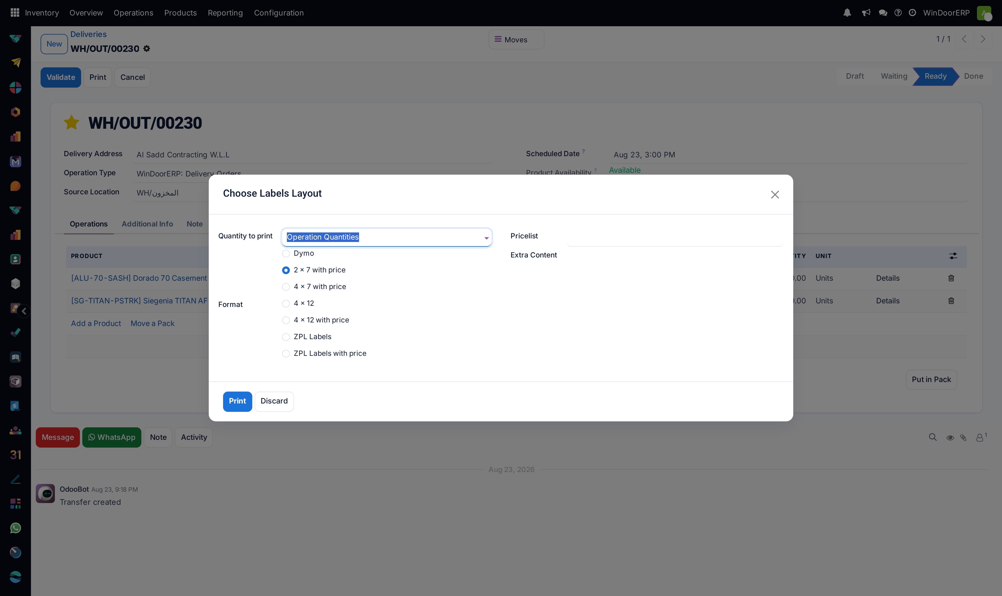 The Choose Labels Layout dialog: Operation Quantities, the format radio from Dymo to ZPL with price, pricelist and extra content