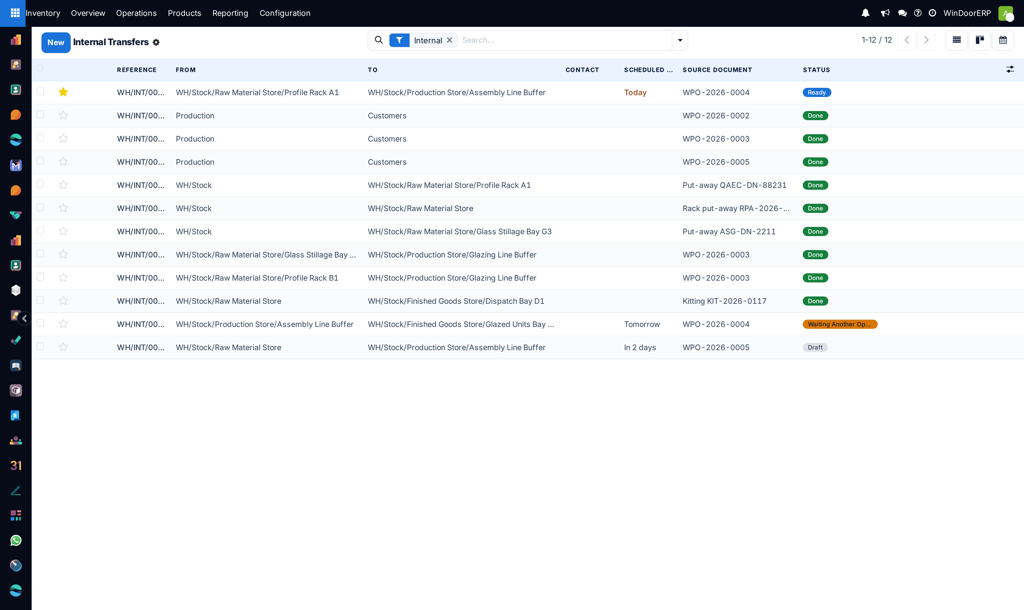 The Internal transfers list, with Reference, From, To, Source Document and Status columns — where the Quality Control and Storage transfers appear