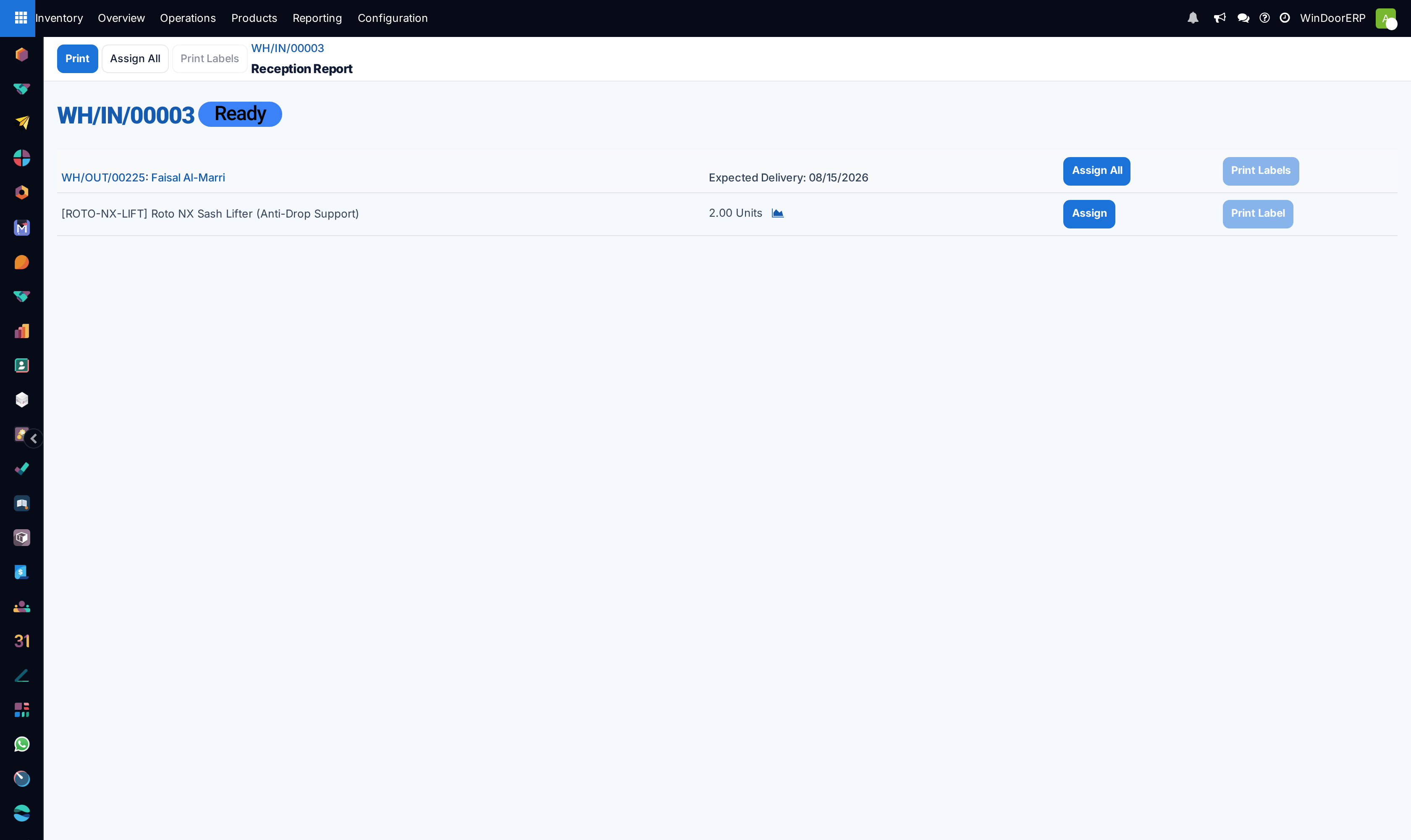 The Reception Report for an incoming shipment: a waiting delivery with its expected date, the demanded units, and Assign, Assign All and Print Labels actions