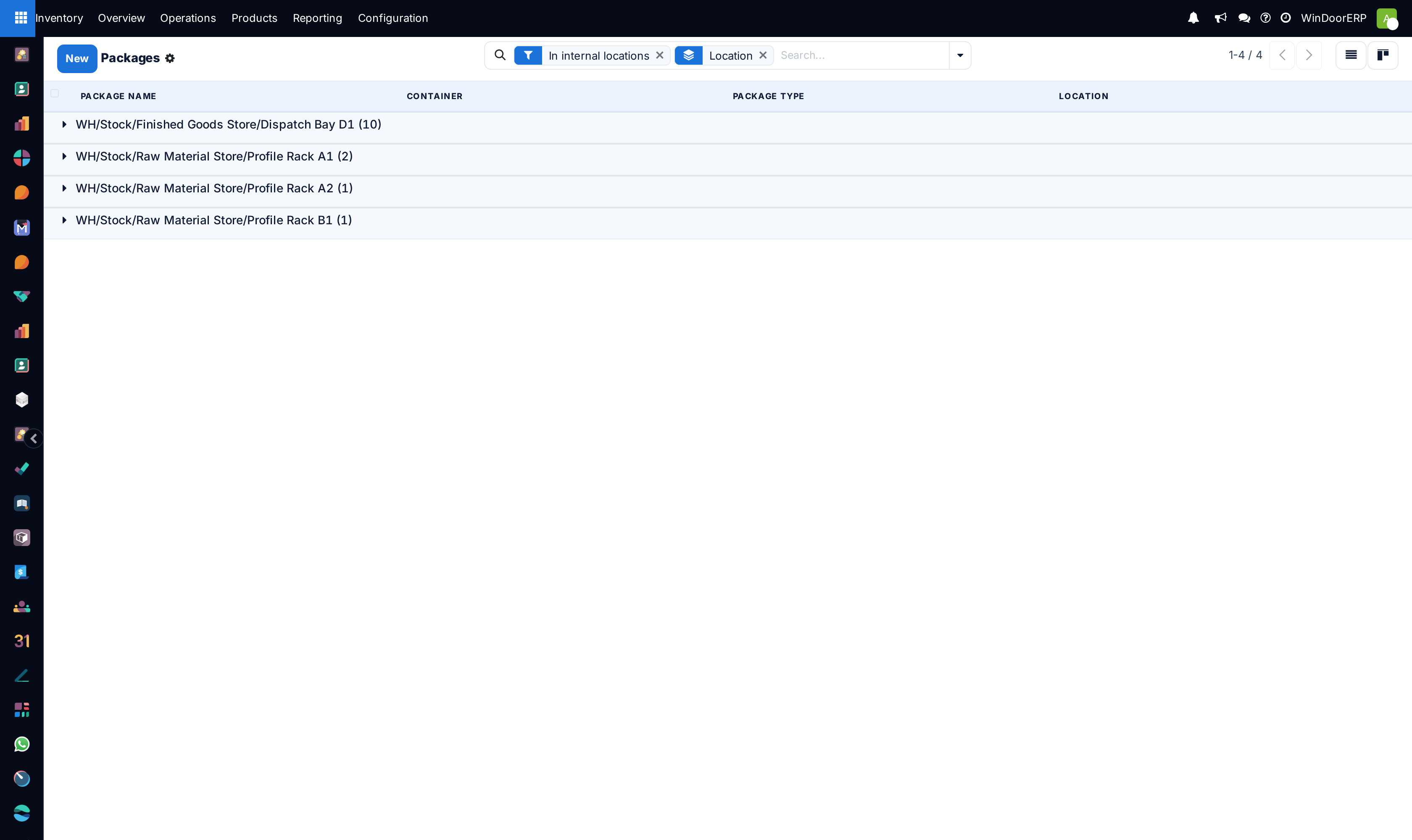 The Packages screen on a database where the Packages feature is enabled, showing packages grouped by the location they sit in