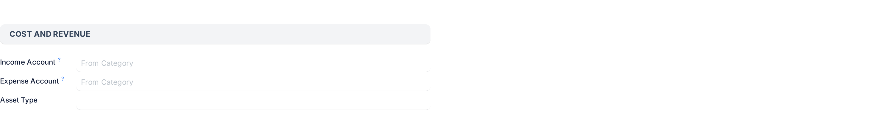 The Accounting tab: the Cost and Revenue block with income account, expense account and asset type