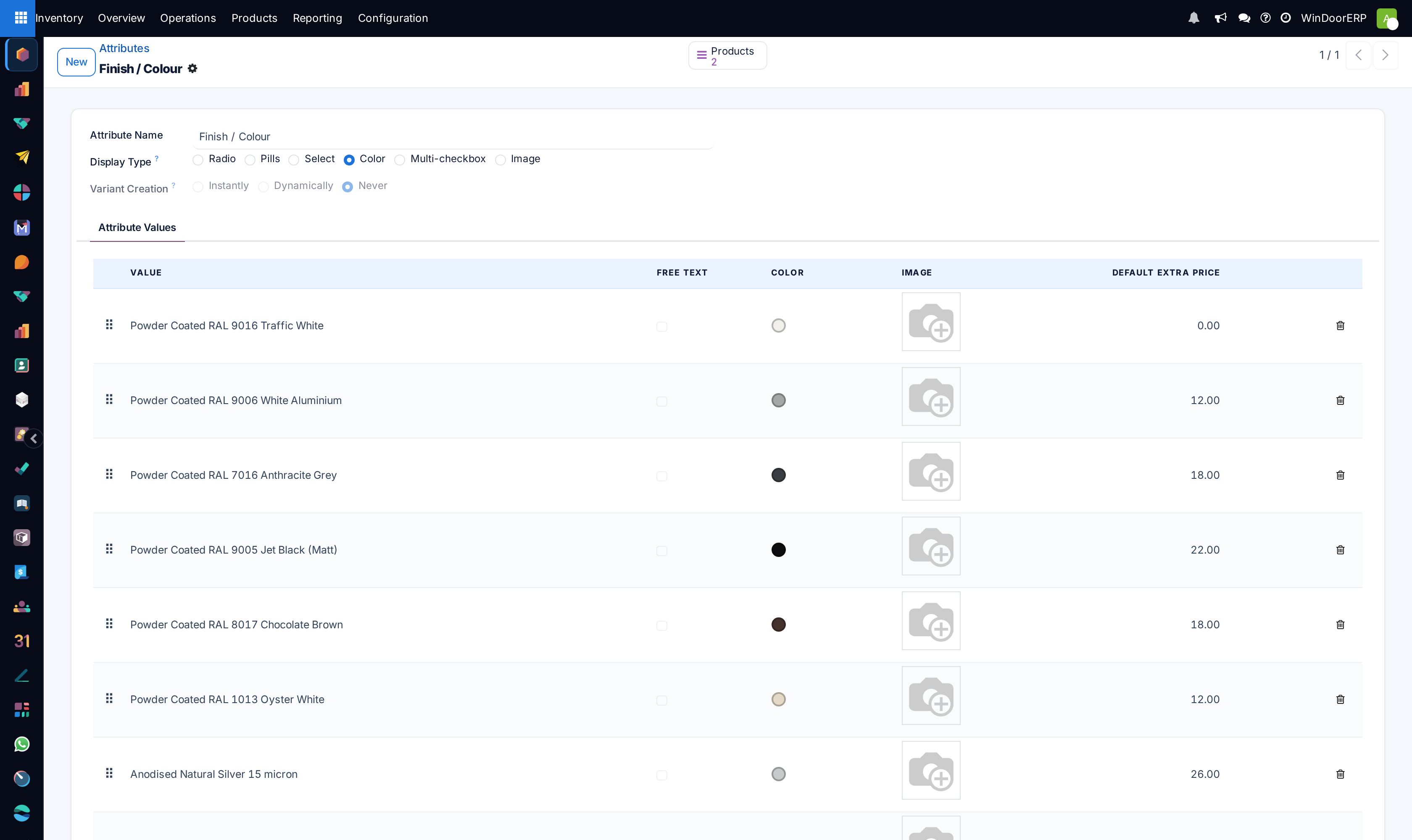An attribute form: name, display type, variant creation mode and the list of values with colour and default extra price