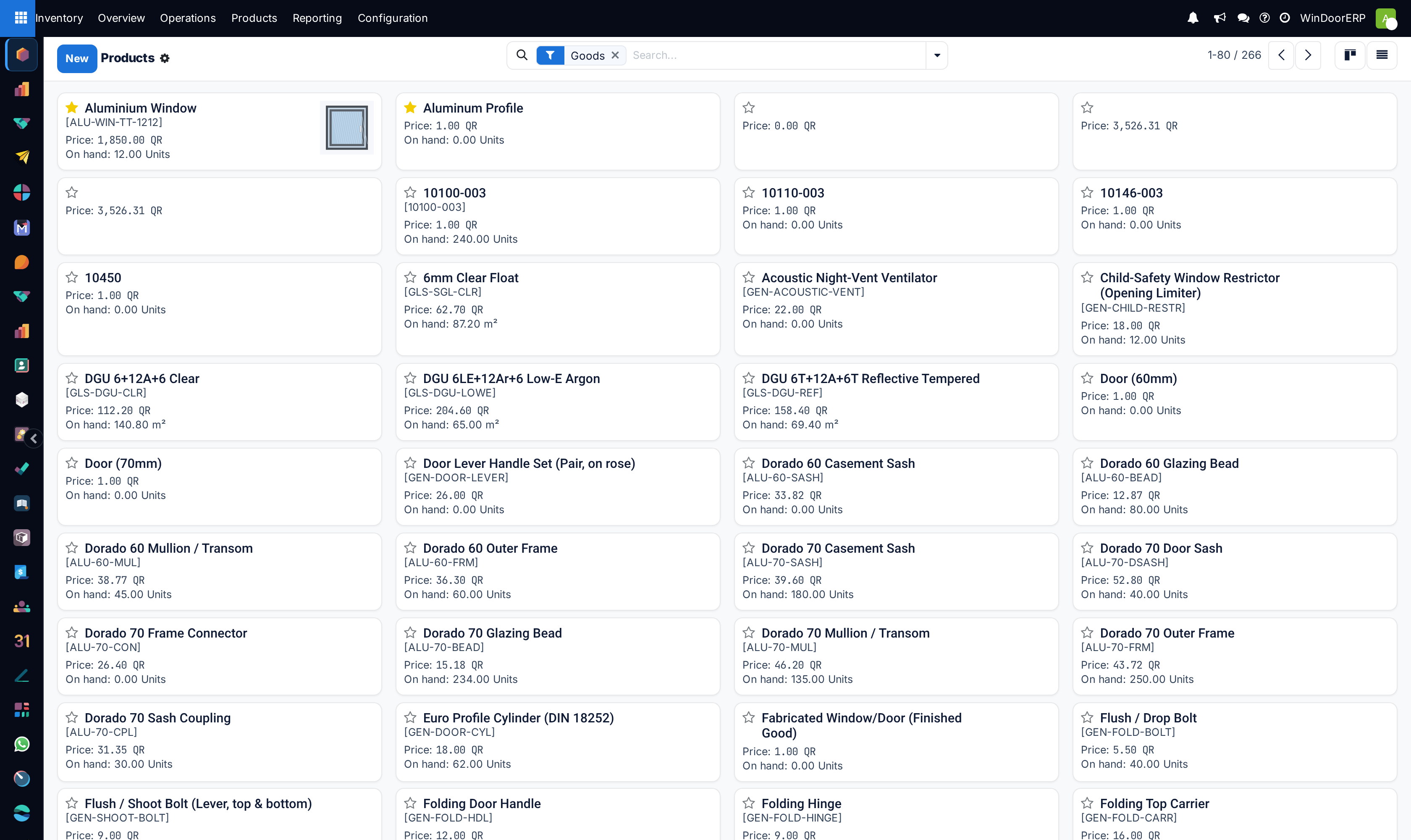 Inventory › Products › Products in kanban view: one card per product with its photo, name, reference, price and quantity on hand