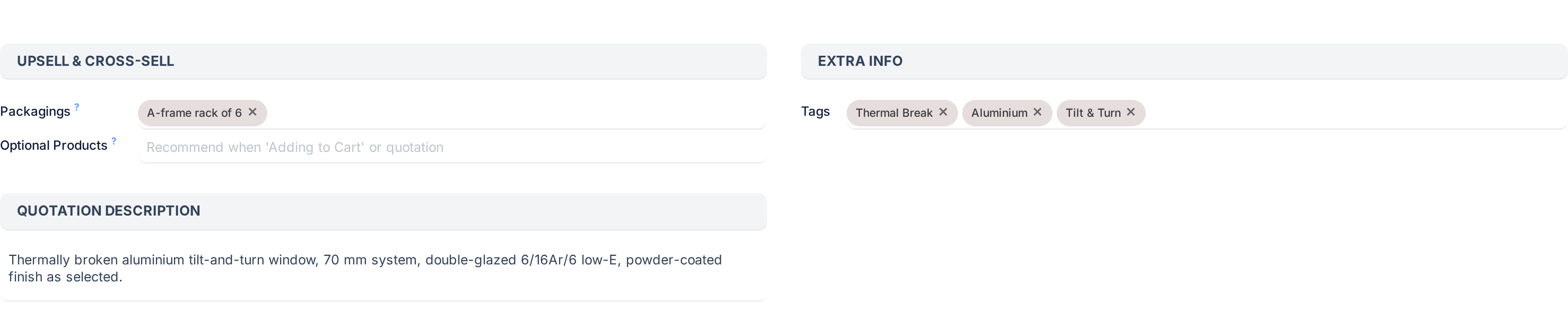 The Sales tab of a product: packagings and optional products under Upsell and Cross-Sell, tags under Extra Info, and the quotation description