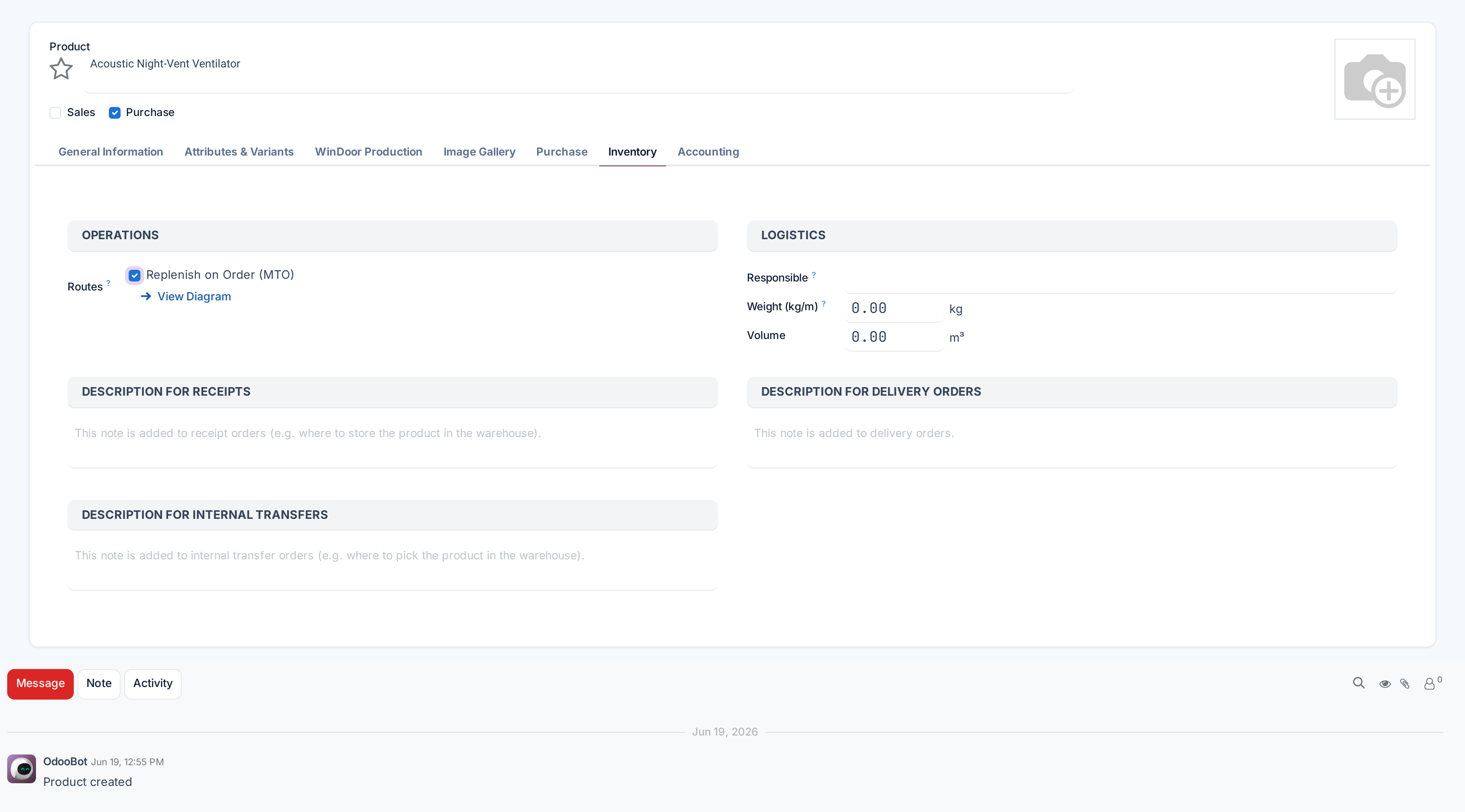 The Inventory tab of a product, with the Operations group offering a single route checkbox and a View Diagram link