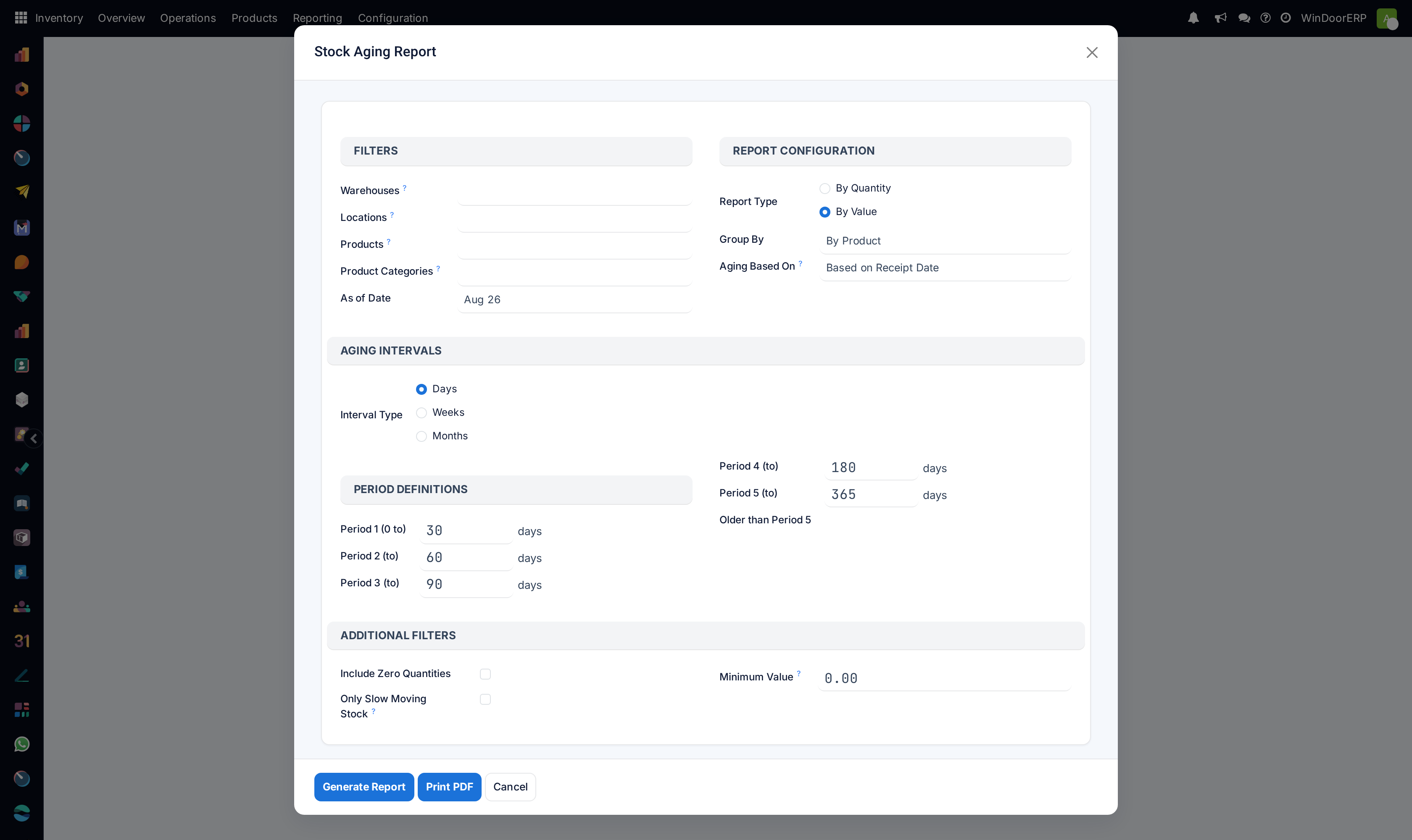The Stock Aging Report dialog: scope filters, report type and grouping, editable aging intervals, and the Generate Report and Print PDF buttons
