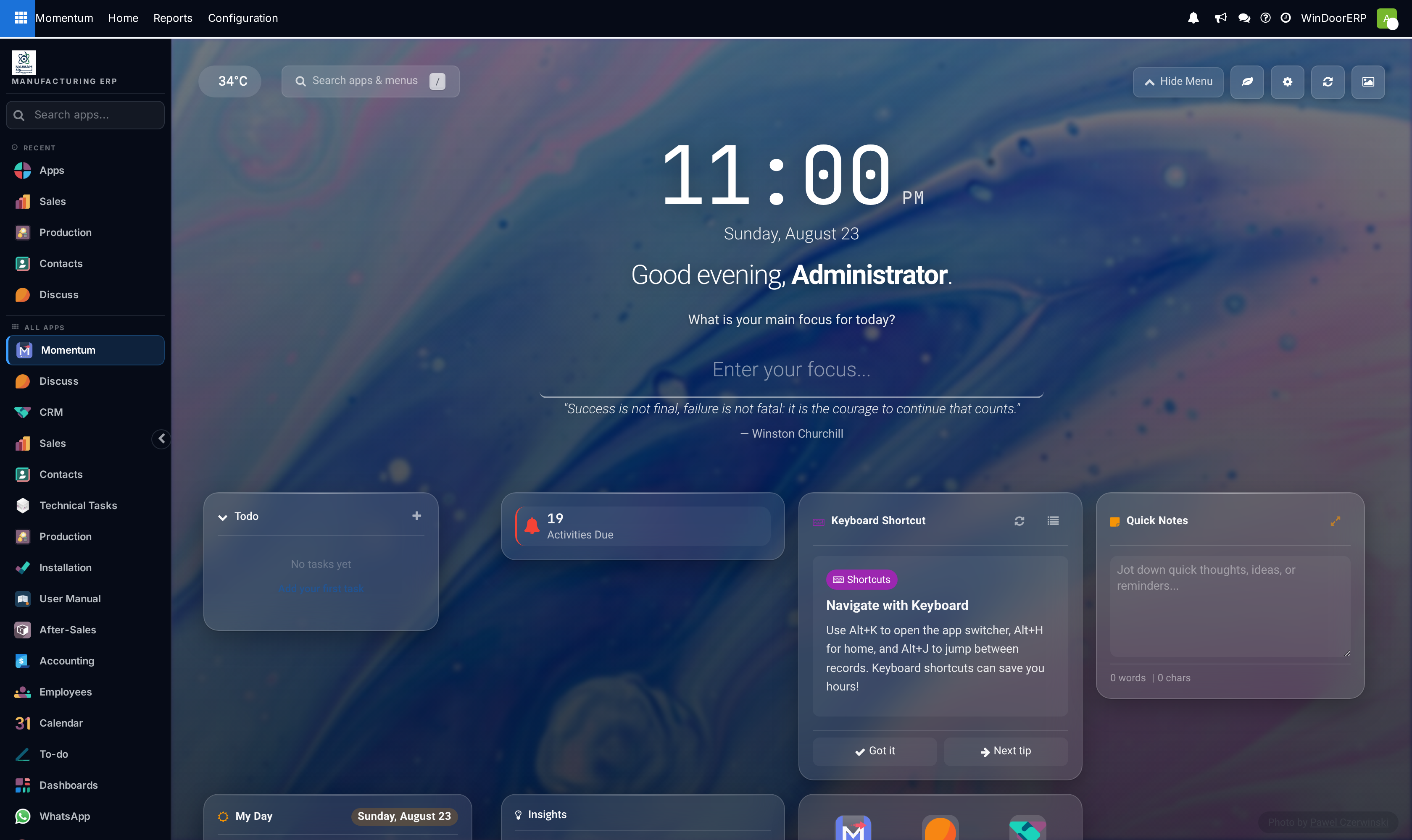 The Momentum home screen with the clock, greeting and focus prompt, quote of the day, the Todo, Activities Due, tips and Quick Notes widgets over a daily background