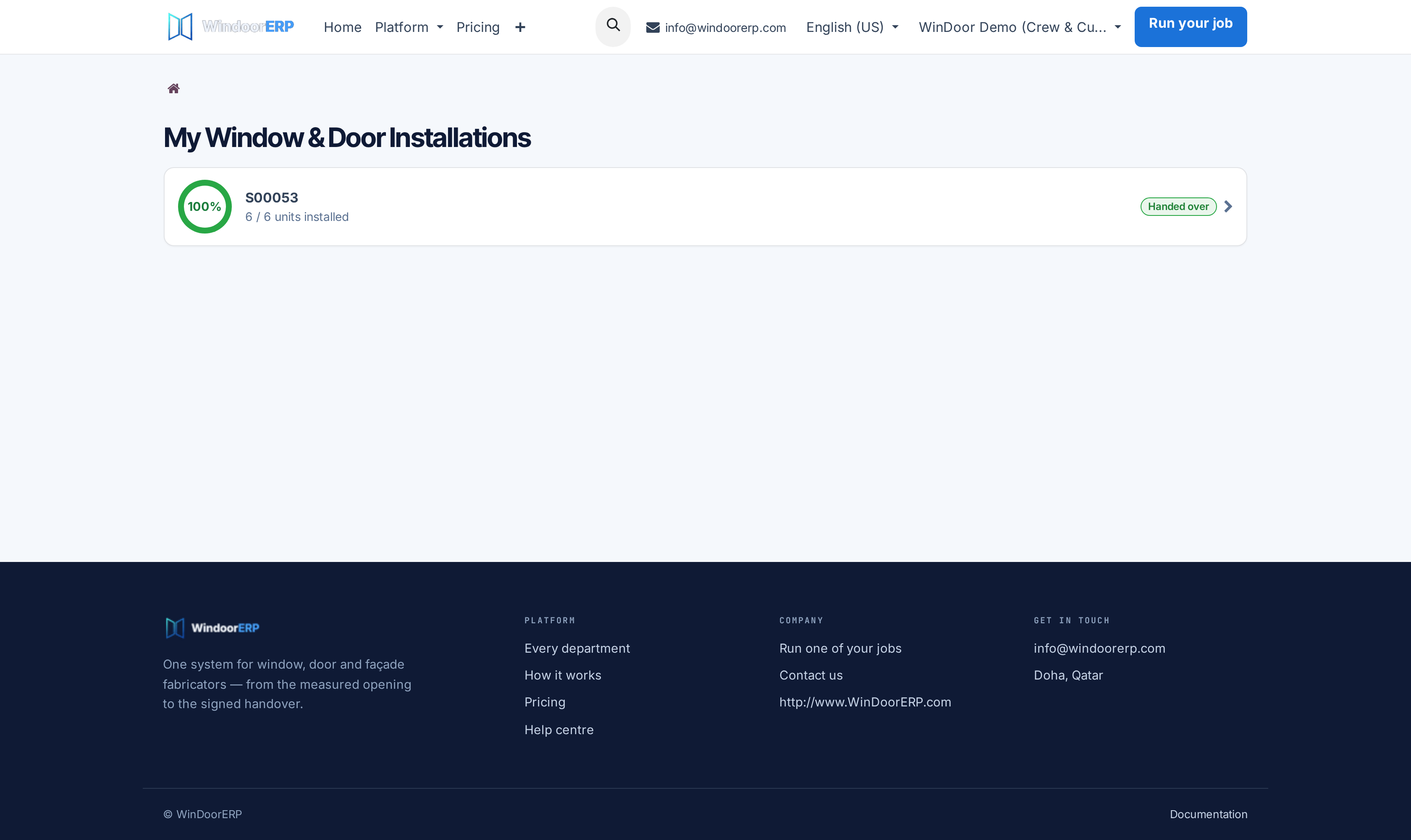 The customer's My Window and Door Installations page: one job at 100 percent with a Handed over badge