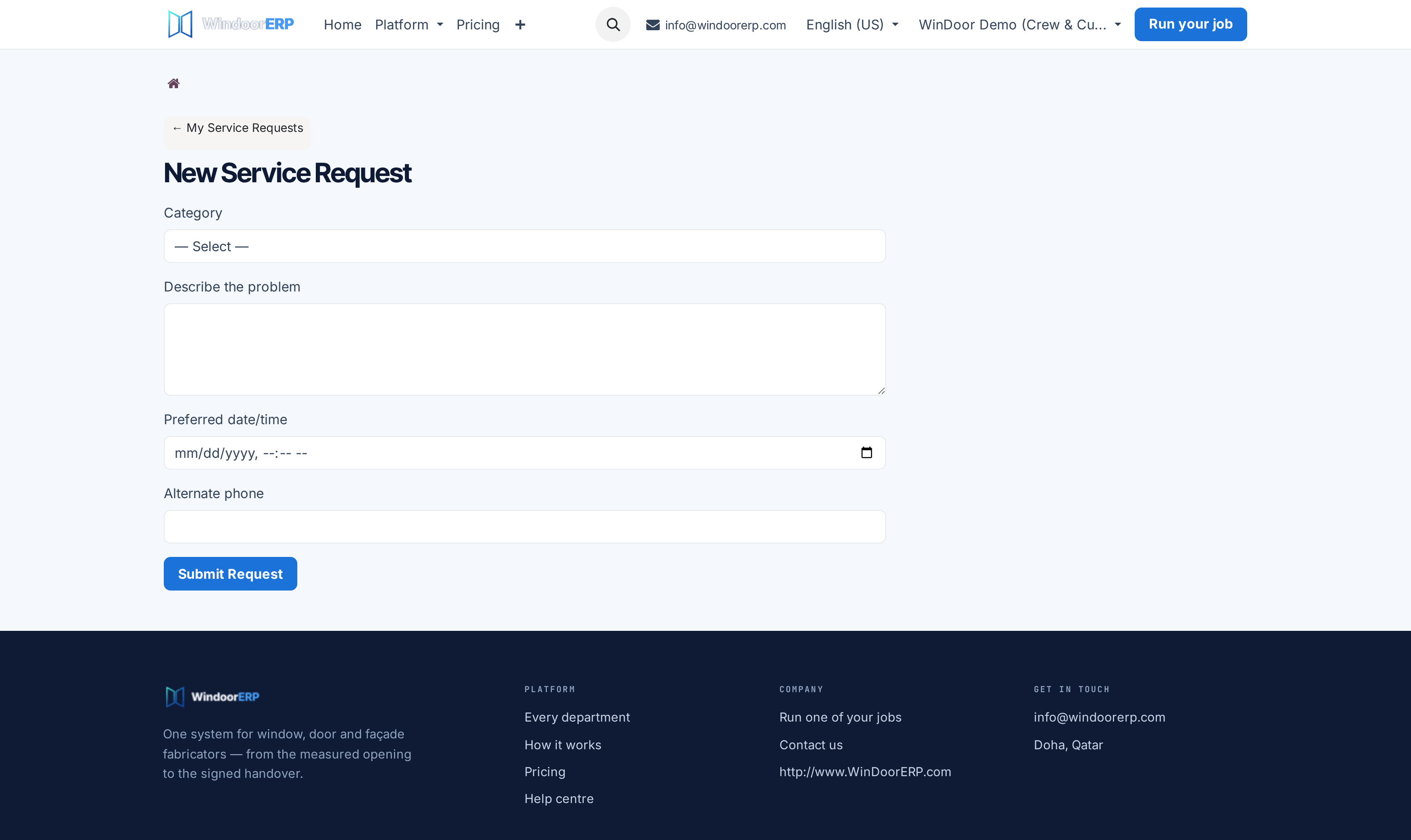The New Service Request form on the portal: category, problem description, preferred date and alternate phone