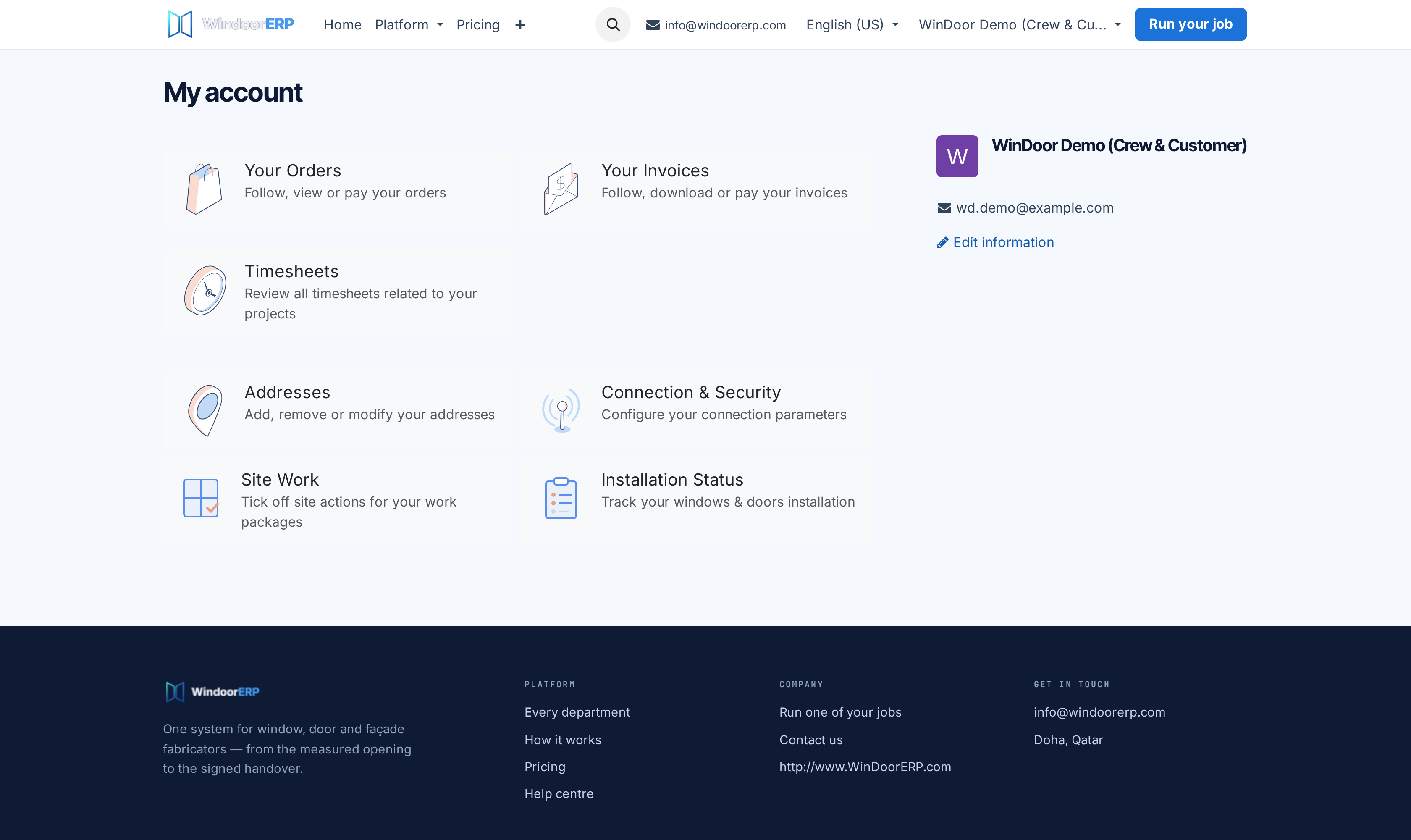 The portal home page: My account with cards for orders, invoices, installation status and account settings