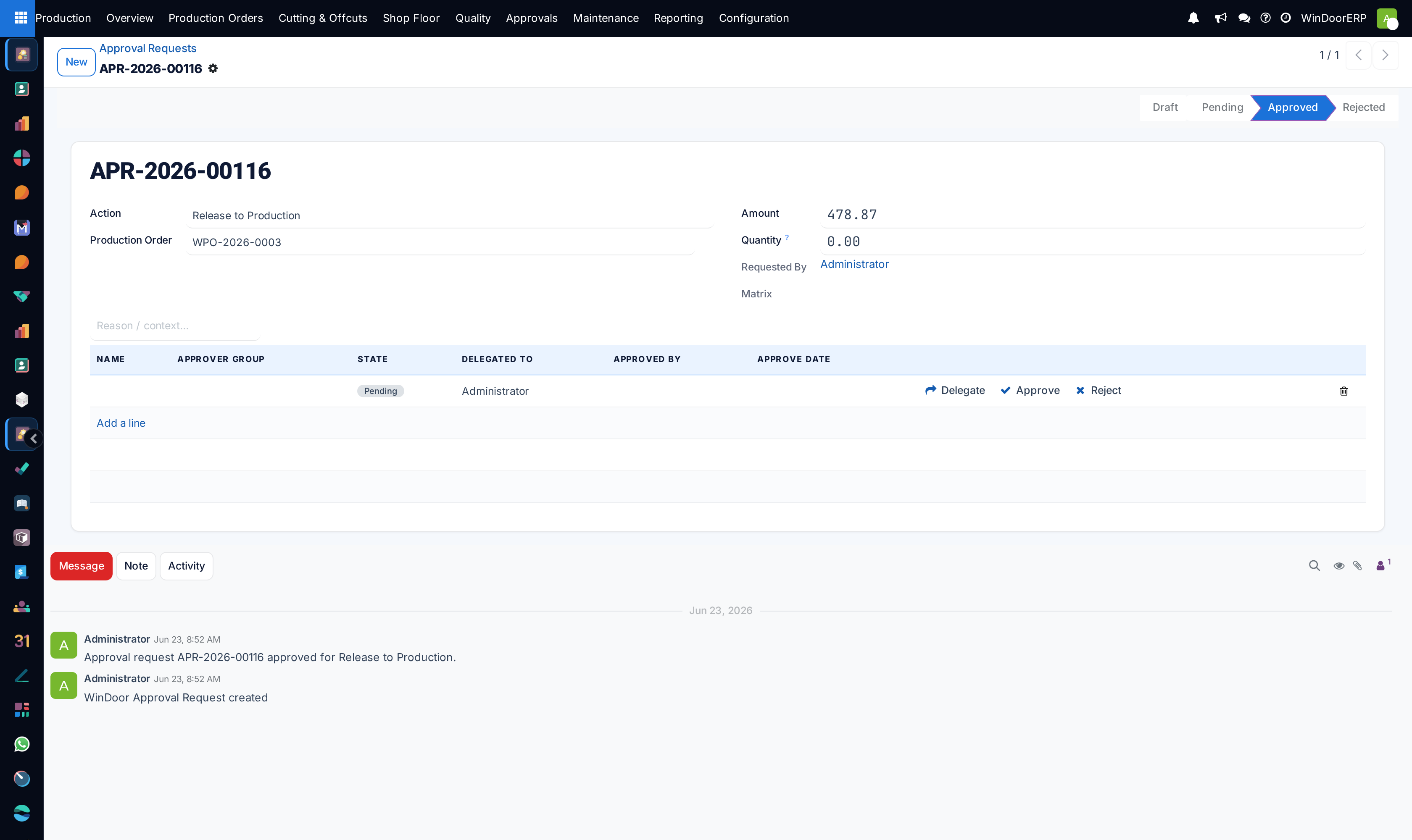 An approval request for Release to Production with the amount, the requester, and one approval line carrying the Delegate, Approve and Reject buttons