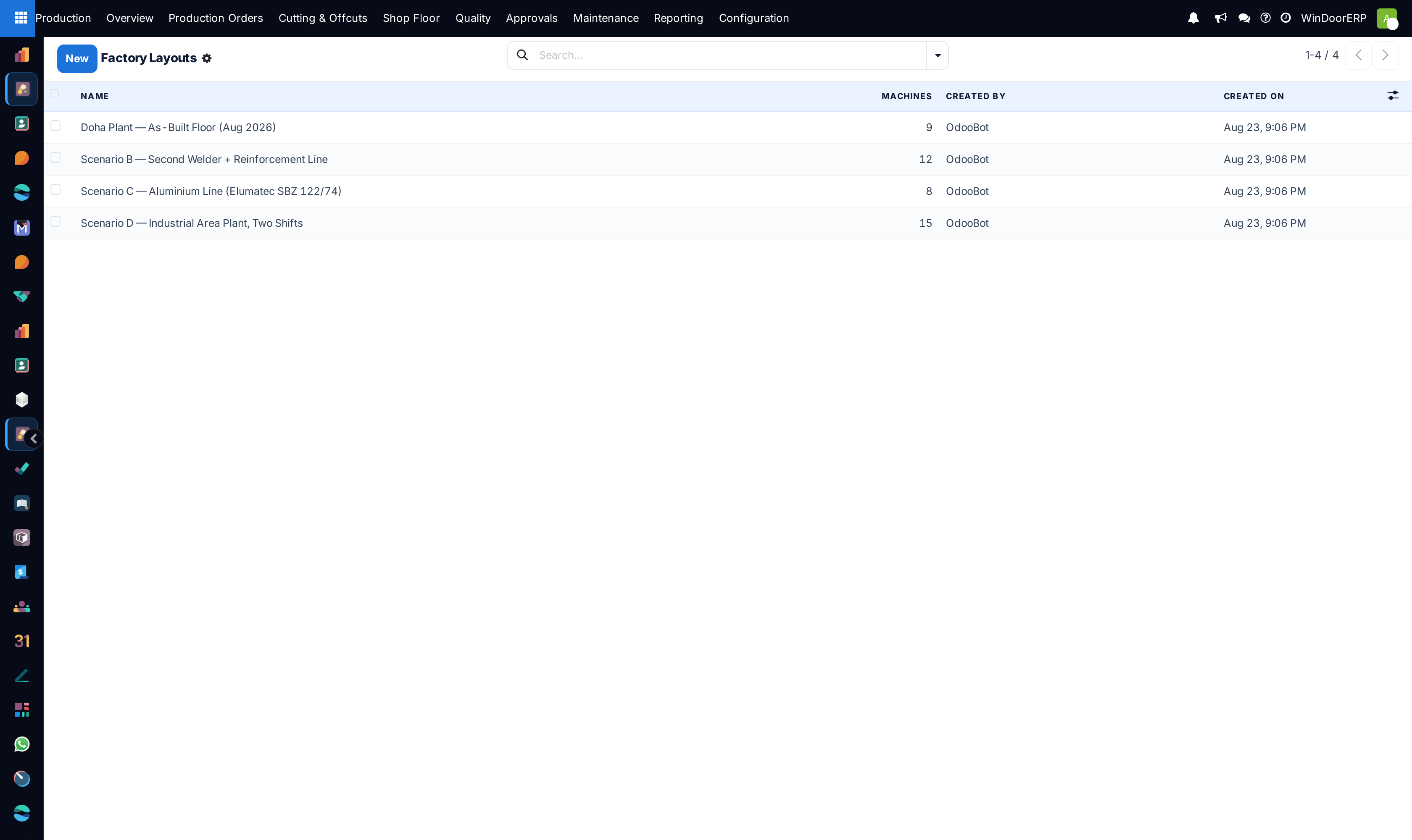 The Factory Layouts list with saved planner scenarios and their machine counts