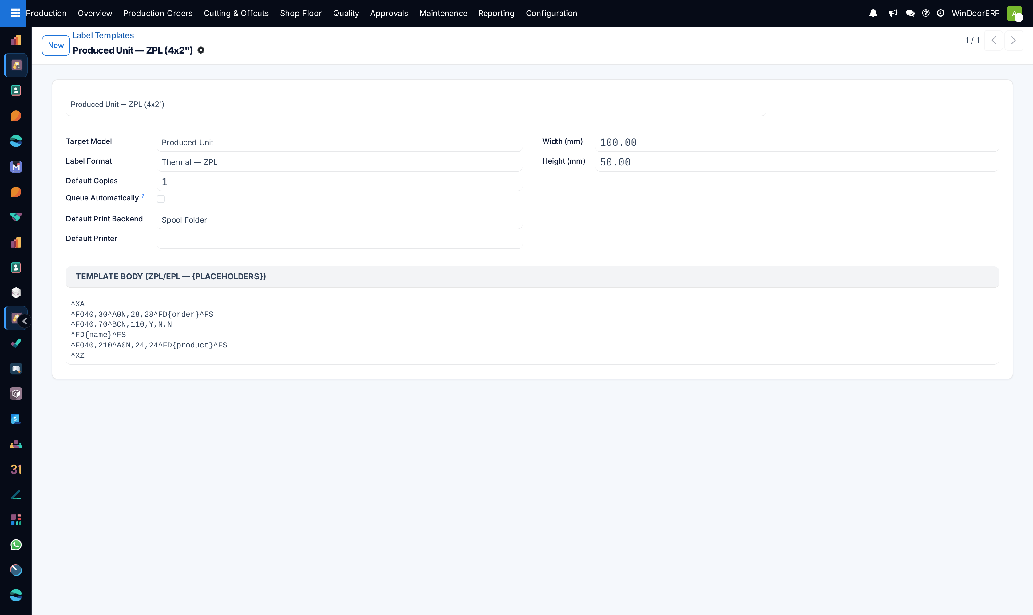 The shipped Produced Unit ZPL label template with target model, format, print defaults and the ZPL body using {order}, {name} and {product} placeholders