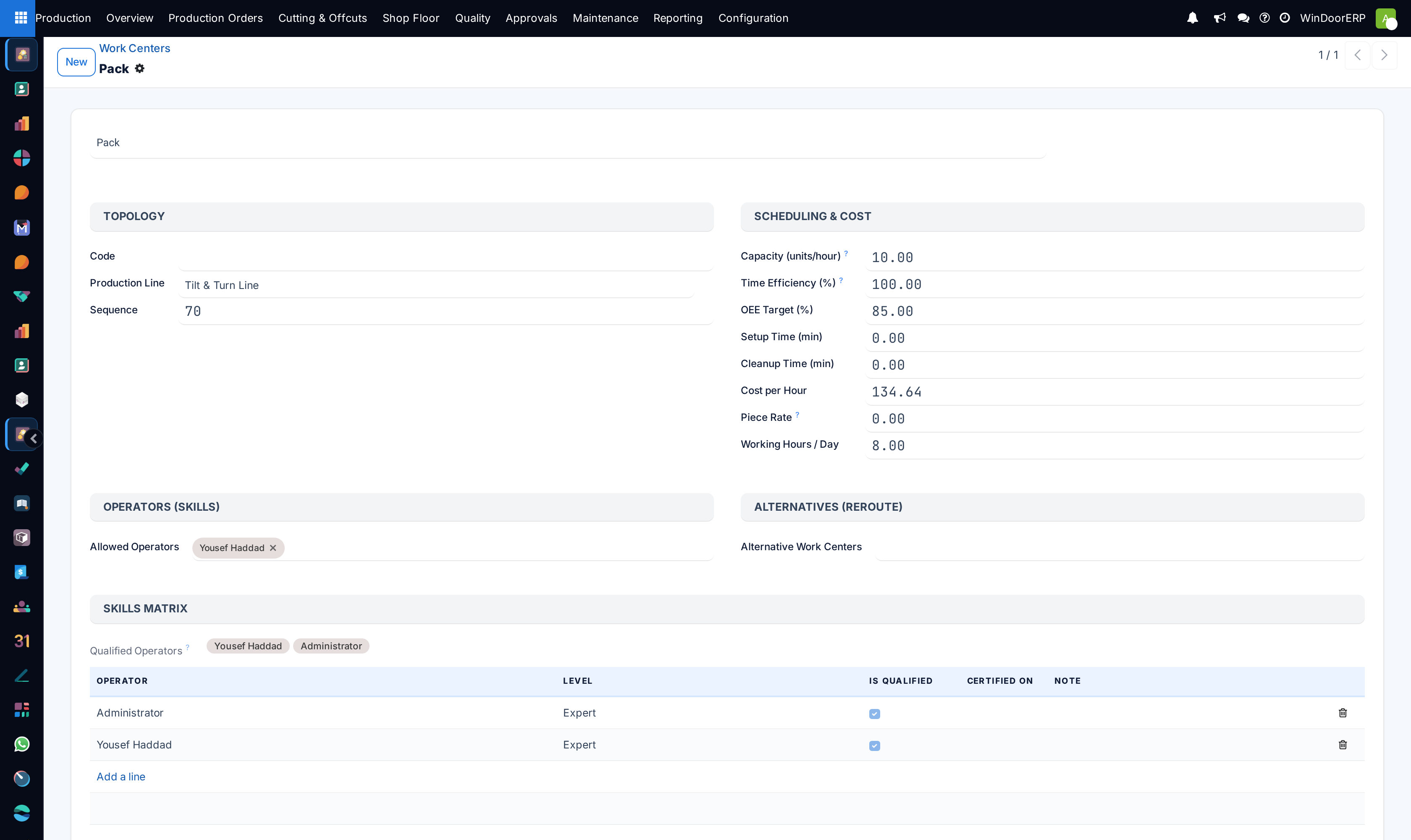 A work center form with the Topology and Scheduling & Cost groups, allowed operators, and the skills matrix listing operators with level and qualification