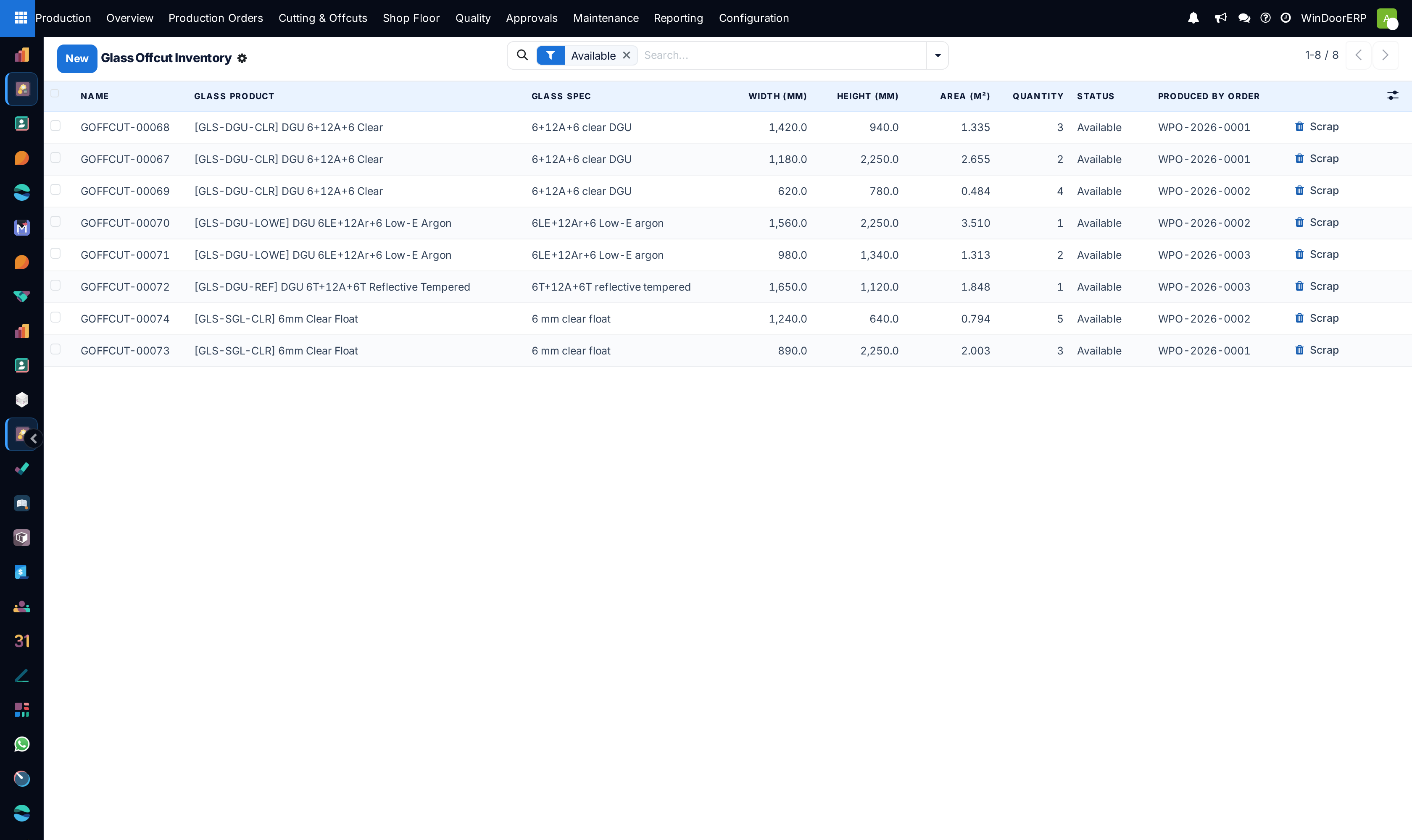 The Glass Offcut Inventory list with glass product, width, height, area, quantity and status