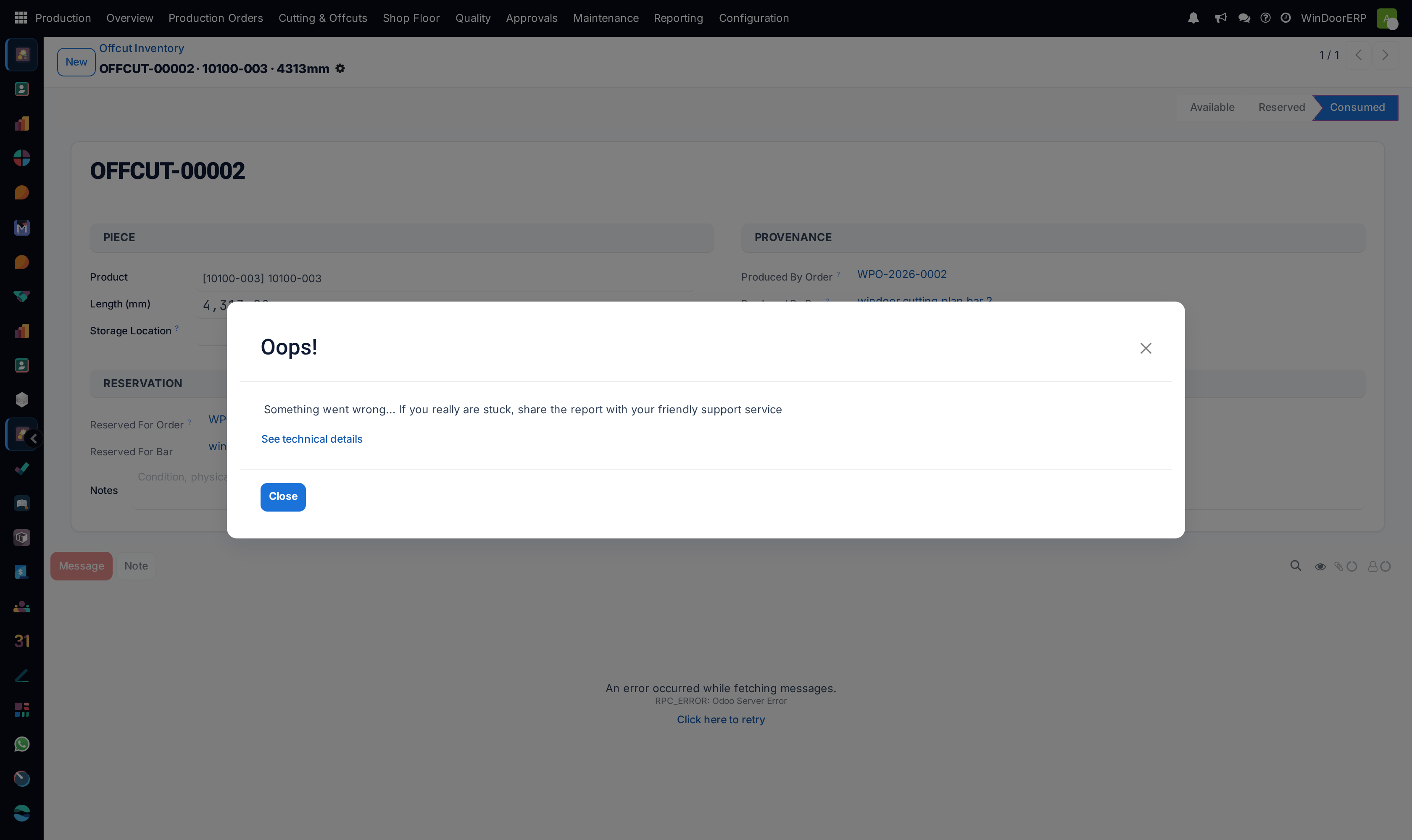 An offcut record: product, length, storage location, status bar and the order that produced it
