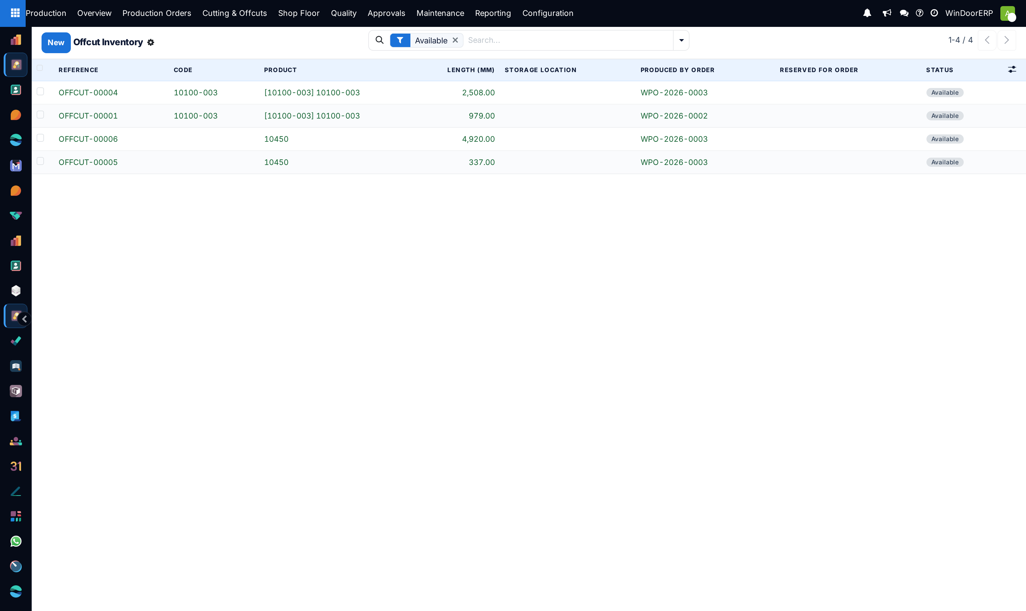 The Offcut Inventory pre-filtered to available remnants, each with its product, length, producing order and status
