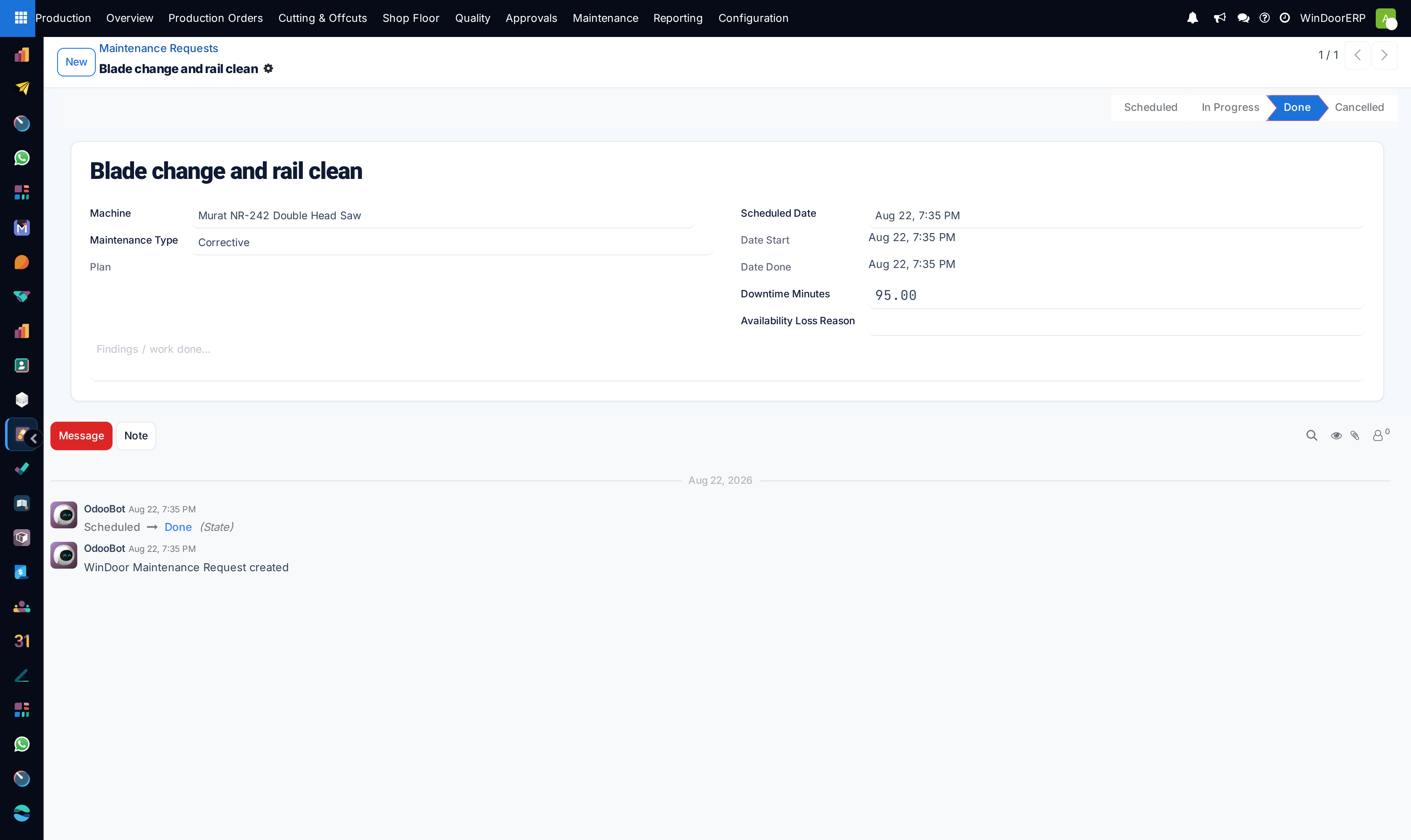 A corrective maintenance request in the Done state with its machine, timestamps and 95 recorded downtime minutes