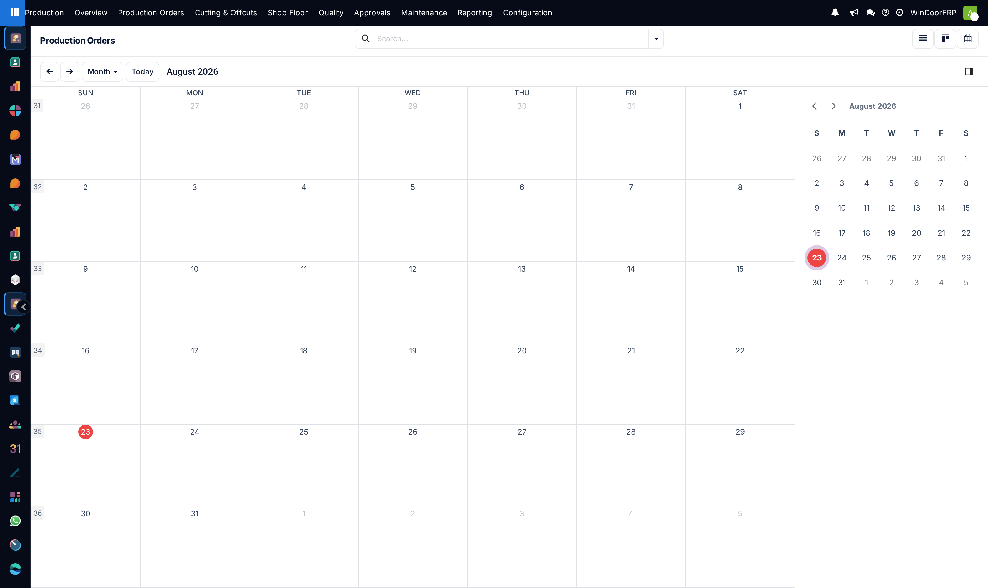 Production orders on the calendar, each block spanning its scheduled start and end dates